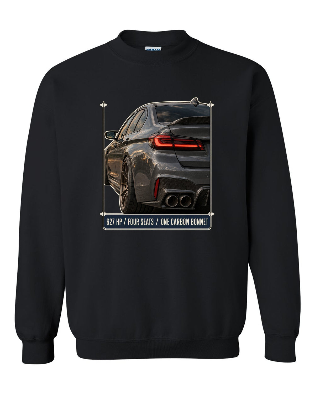 BMW M5 F90 CS taillight macro print with 627 HP, four seats and carbon bonnet text black crewneck front view with the design