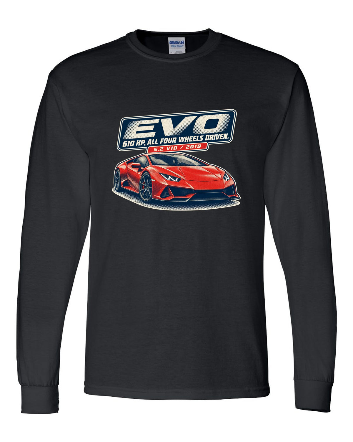 Halftone print of the Lamborghini Huracan EVO black long sleeve front view with the design