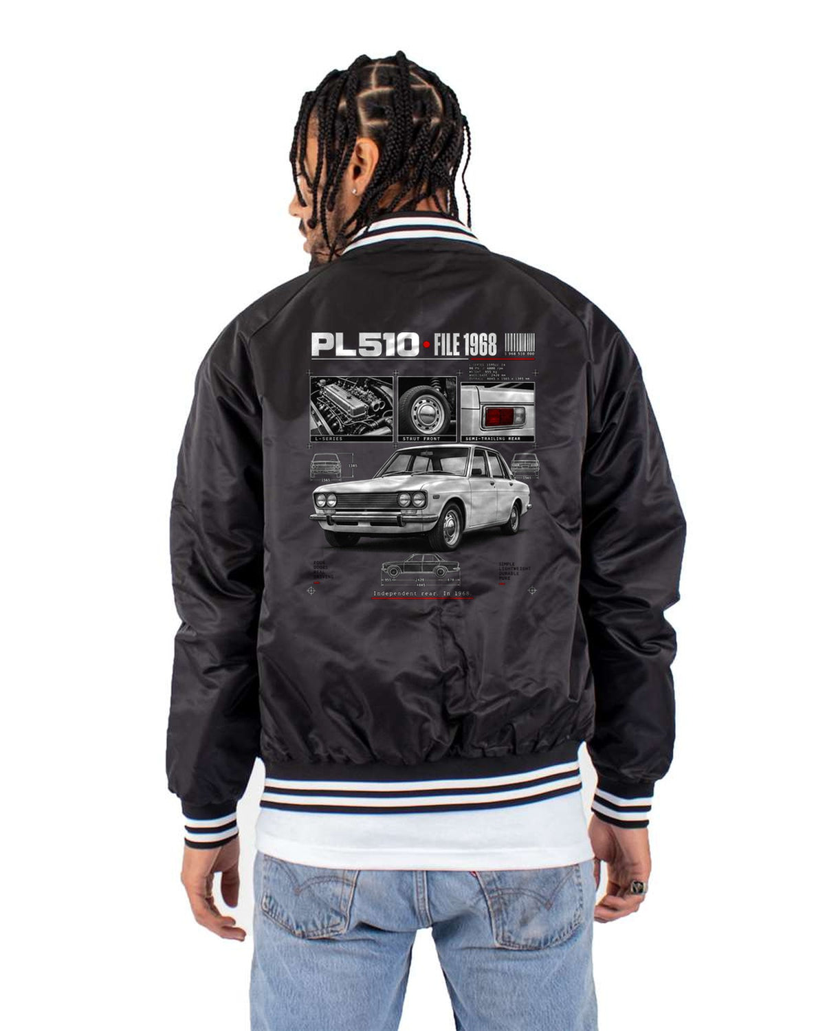 Datsun PL510 1968 Dossier Panel Shirt, Independent Rear Tee Bomber Jacket Black back