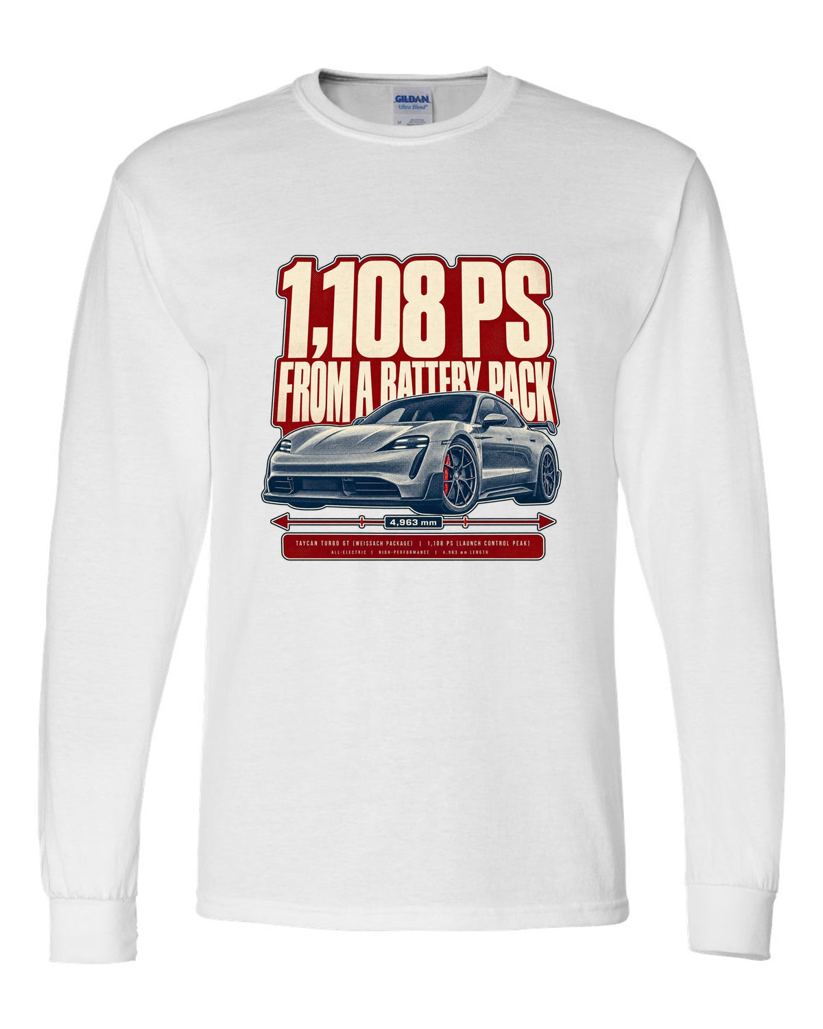 Halftone print of a low front three-quarter Porsche Taycan Turbo GT with 1,108 PS text white long sleeve front view with the design