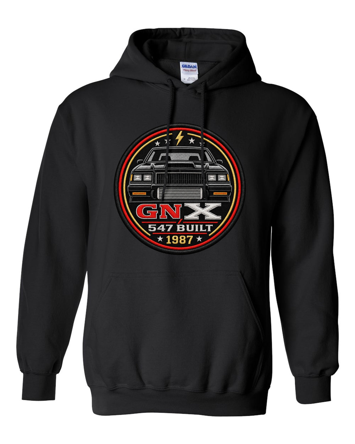 1987 Buick GNX coupe inside a round crest design with 547 built text black pull over hoodie front view with the design