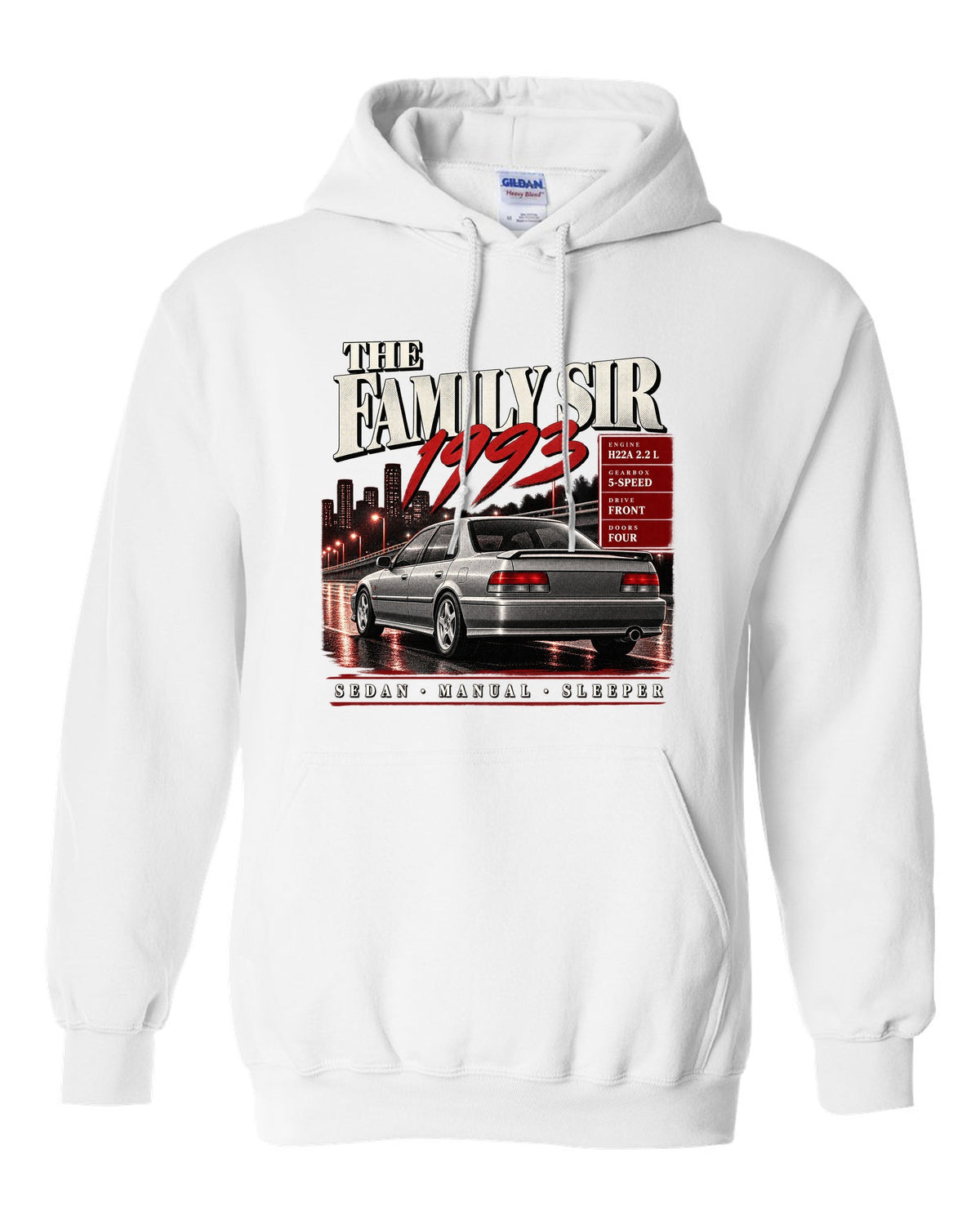 Archive panel print for the Honda Accord CD6 SiR sedan reading The Family Sir 1993 white pull over hoodie front view with the design