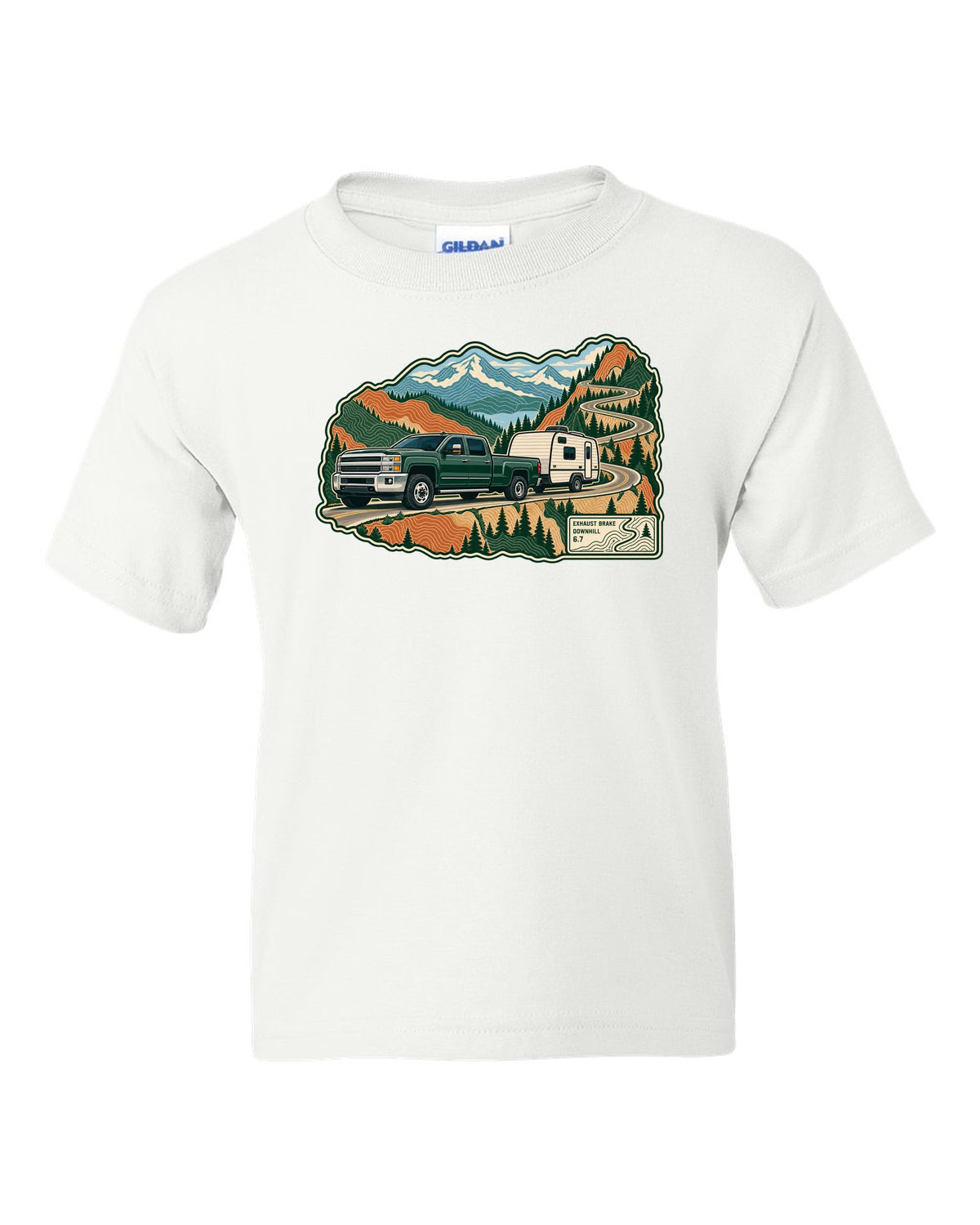 Topographic mountain pass print with a 2010-2018 Ram 2500 6.7 Cummins towing a camper white kids tee front view with the design