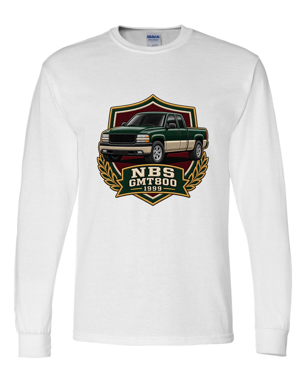 Varsity shield crest print for a 1999-2006 Chevrolet Silverado NBS GMT800 with NBS GMT800 1999 text white long sleeve front view with the design