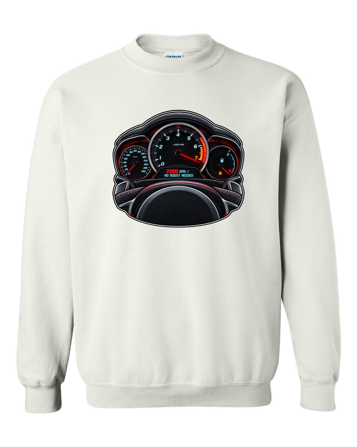 Gauge-cluster HUD print for a Mercedes C63 AMG W204 with 7200 RPM white crewneck front view with the design