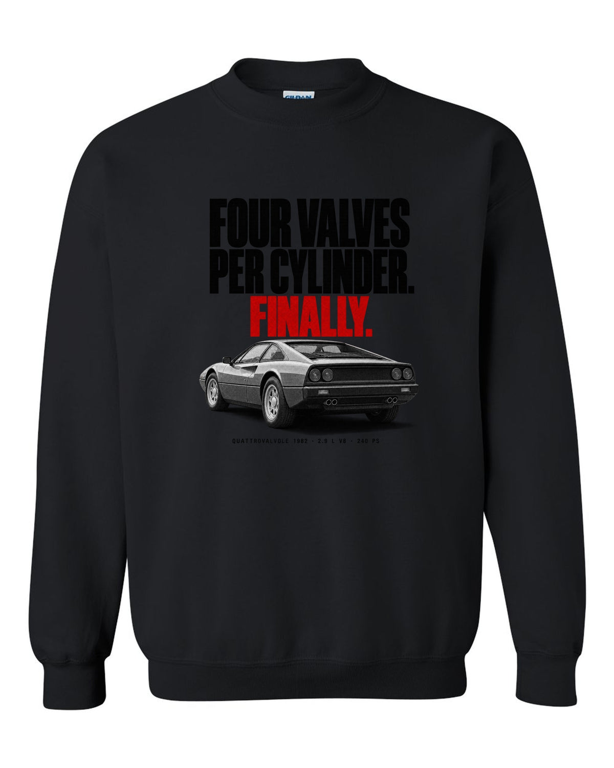 Ferrari 308 GTB Quattrovalvole 1982 rear three-quarter halftone print, four valves per cylinder black crewneck front view with the design