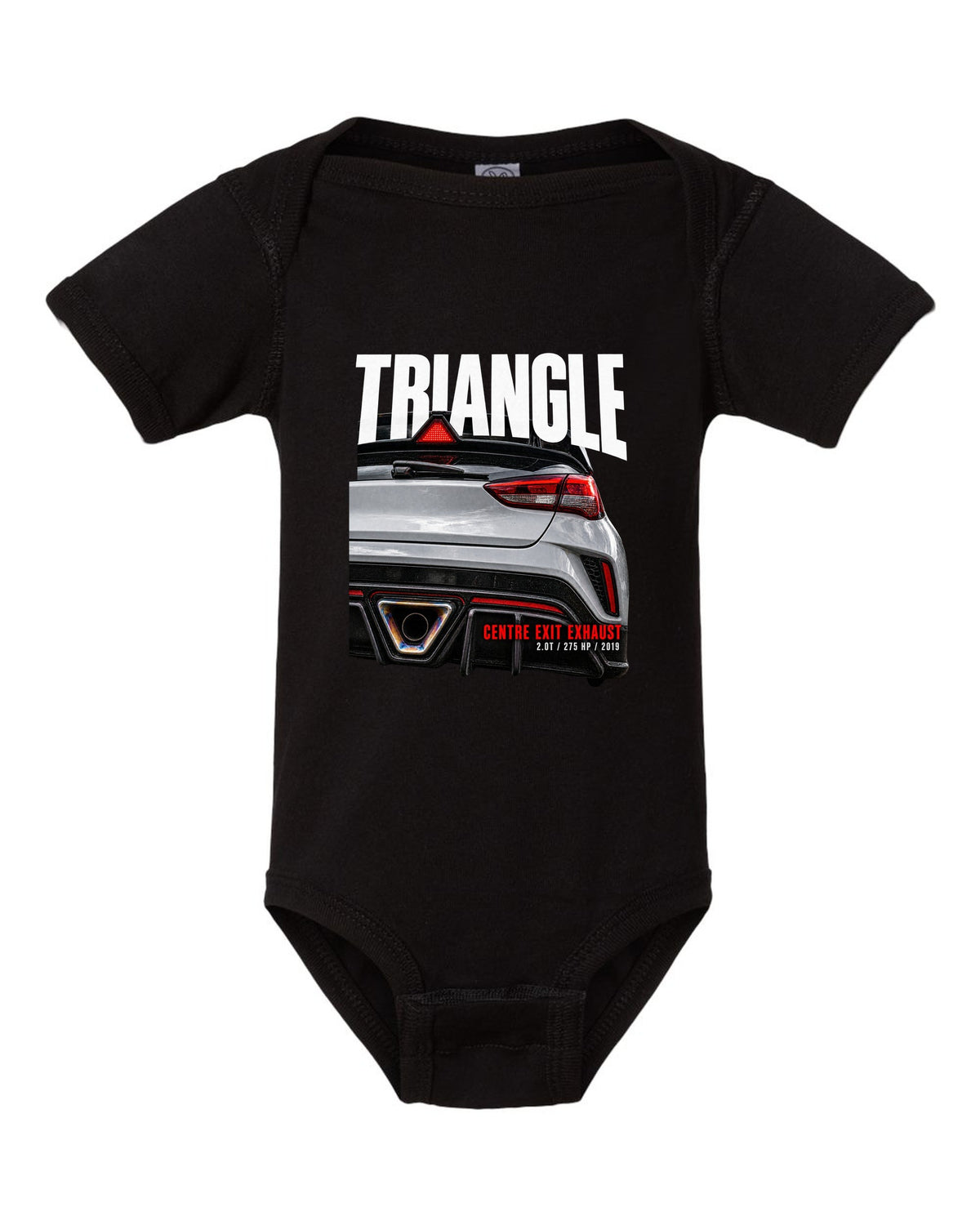 Rear macro of Hyundai Veloster N JS showing triangle and centre exit exhaust black baby onesie front view with the design