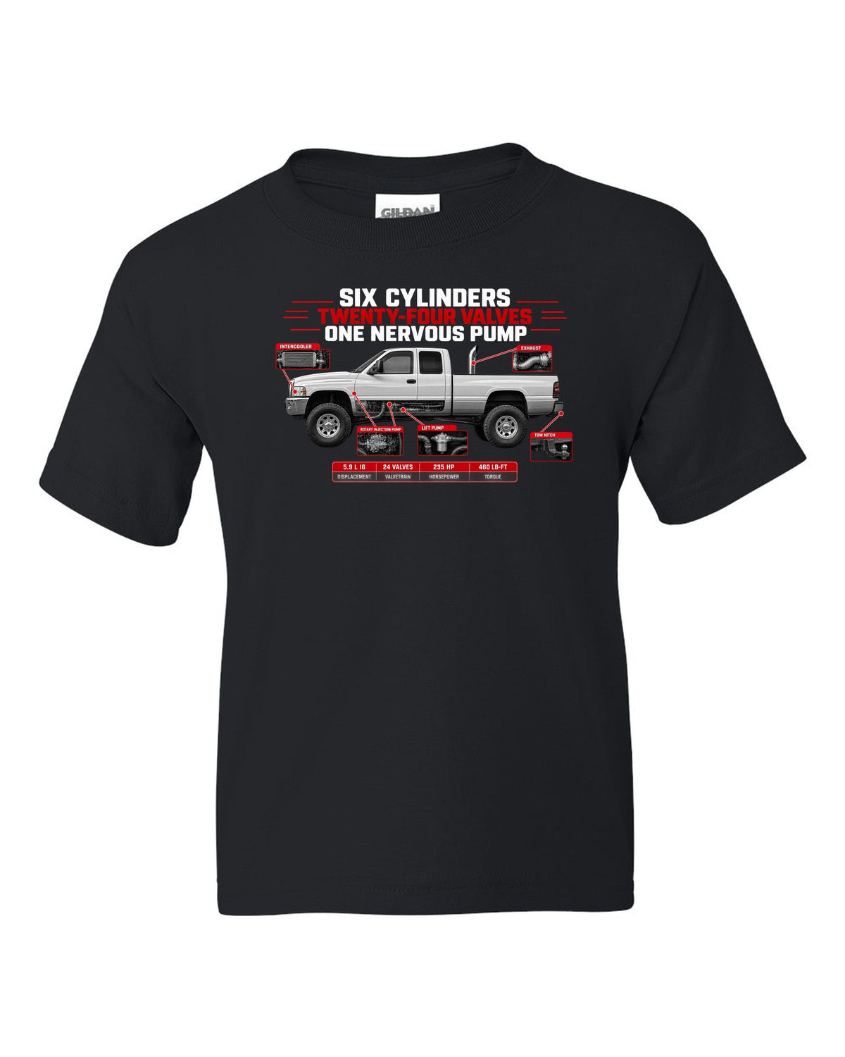 Spec poster of a 1998.5-2002 Ram 2500 5.9 24V with six cylinders, twenty-four valves, one nervous pump black kids tee front view with the design