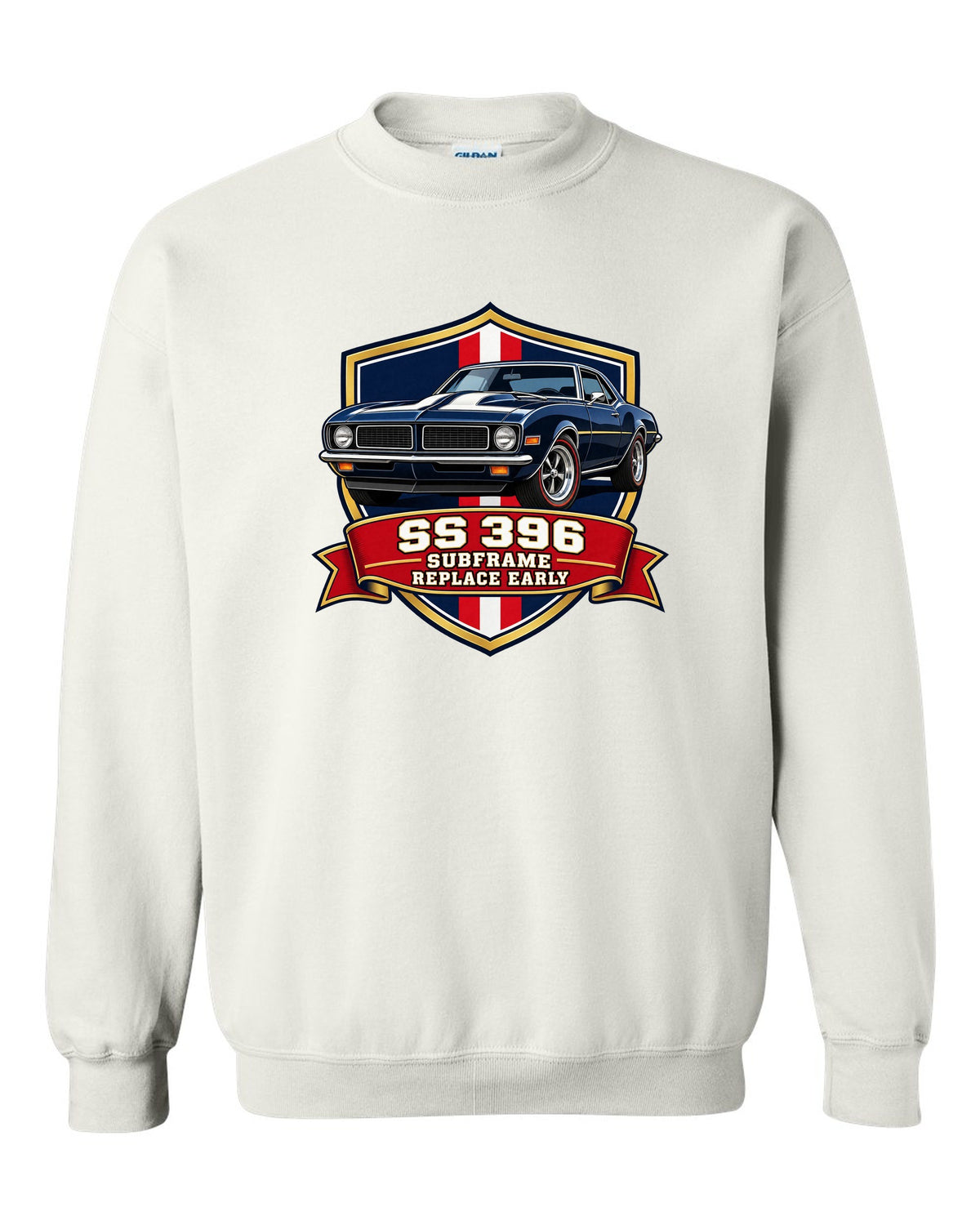 1968 Camaro SS 396 in a varsity shield design with text SS 396 Subframe Replace Early white crewneck front view with the design