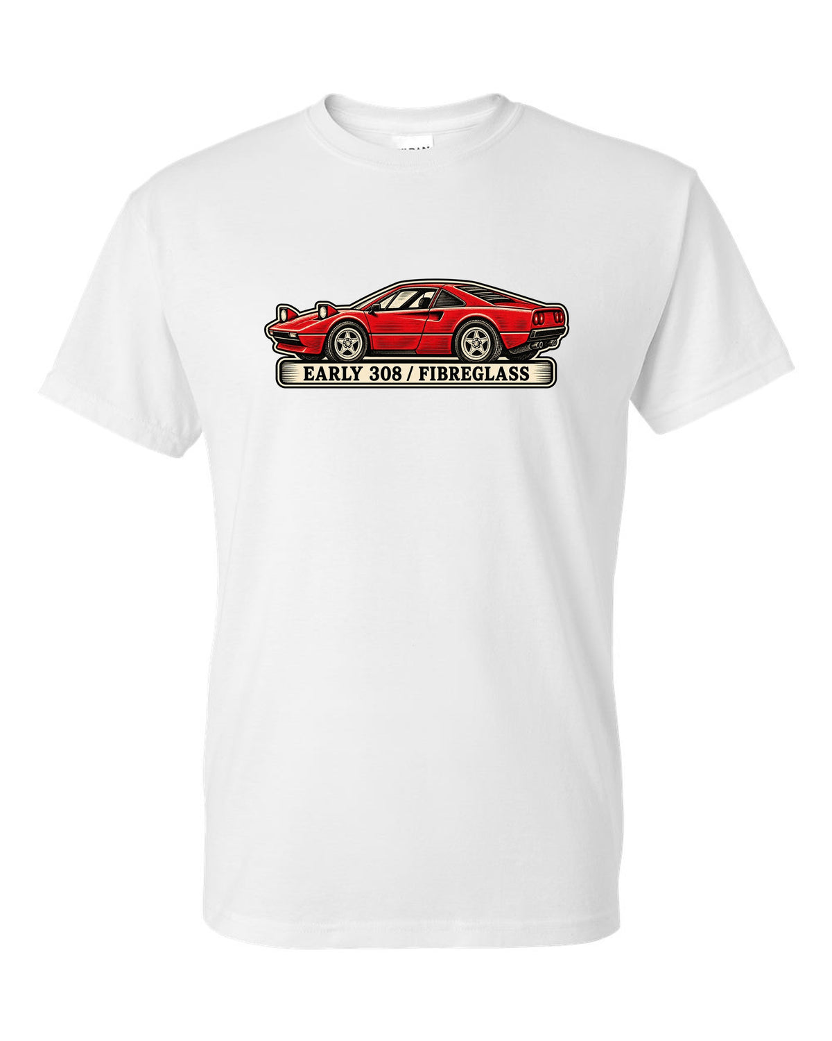 Linocut woodcut style print of an early 1975 Ferrari 308 GTB with the text early 308 fibreglass white t-shirt front view with the design