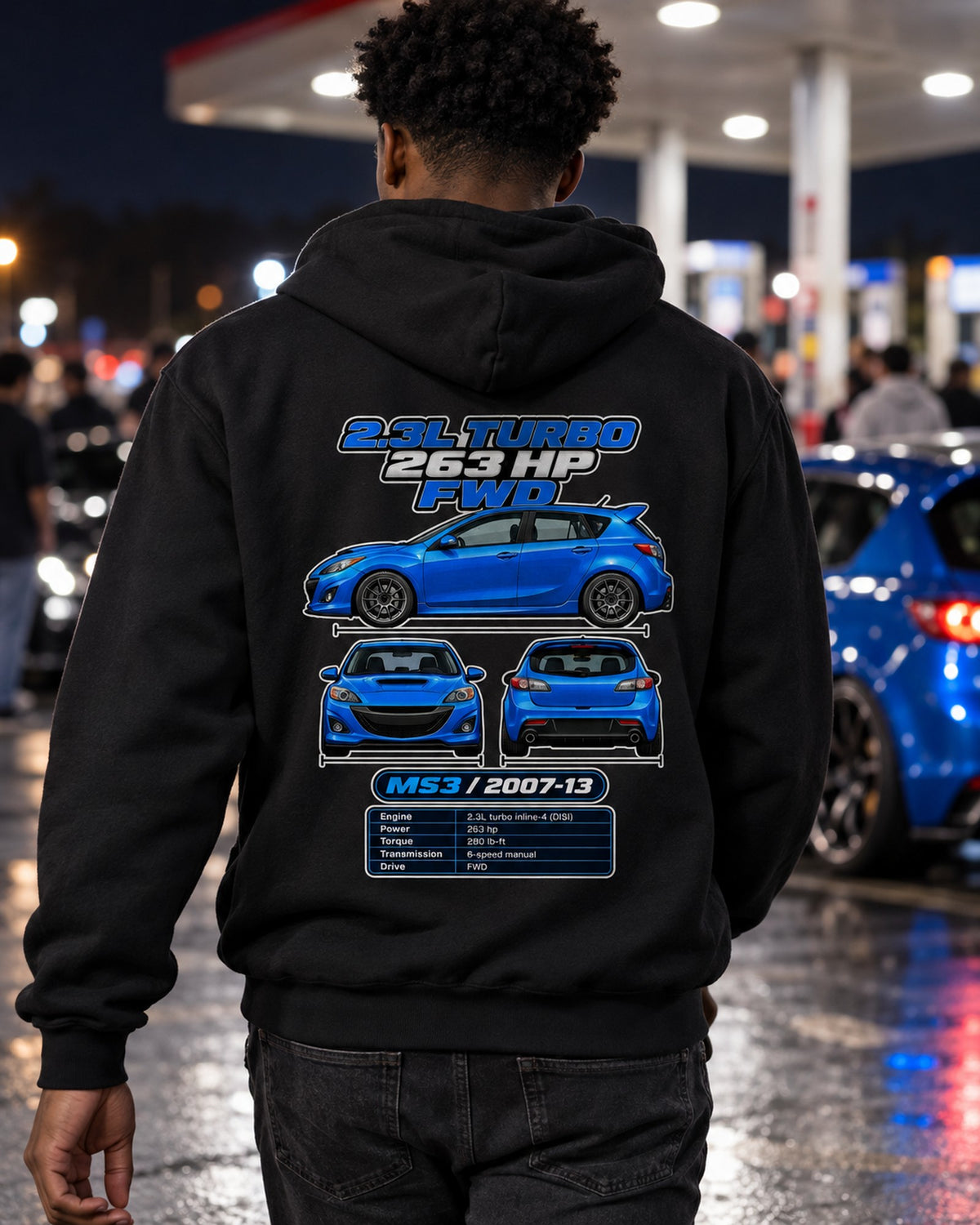 Mazda Mazdaspeed3 Spec Sheet Full-Back Graphic Tee Pull Over Hoodie Black worn hero