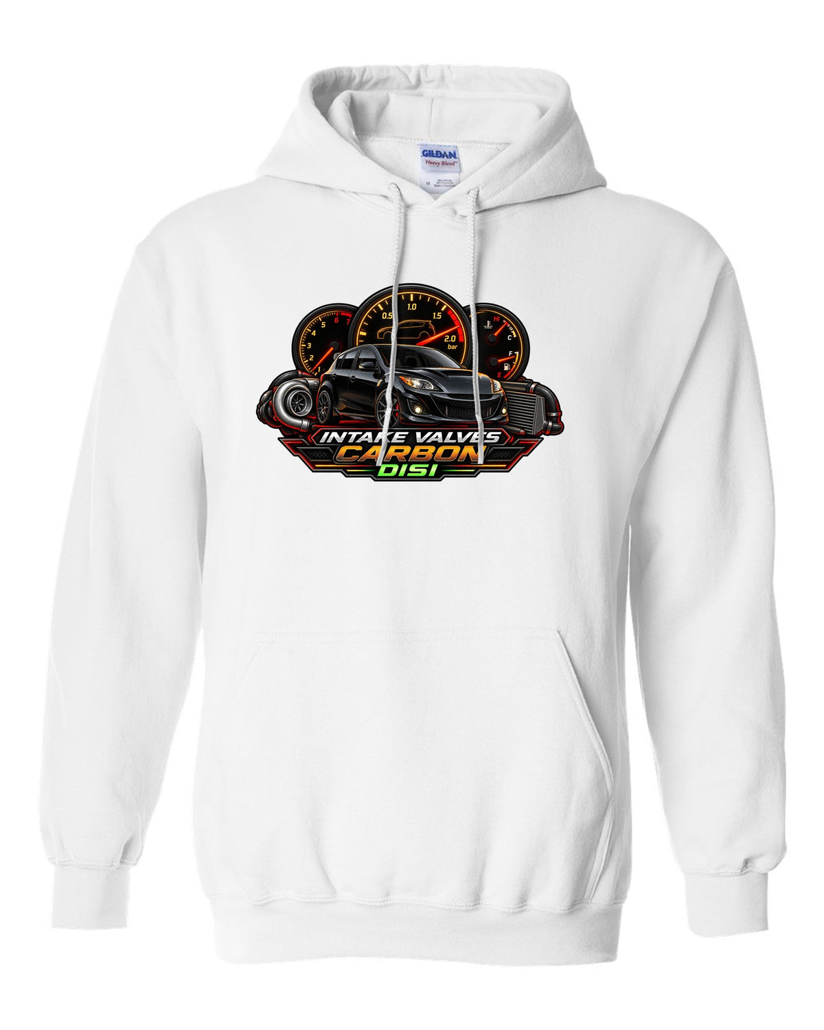 Gauge-cluster HUD design for the Mazdaspeed3 with INTAKE VALVES / CARBON / DISI lettering white pull over hoodie front view with the design