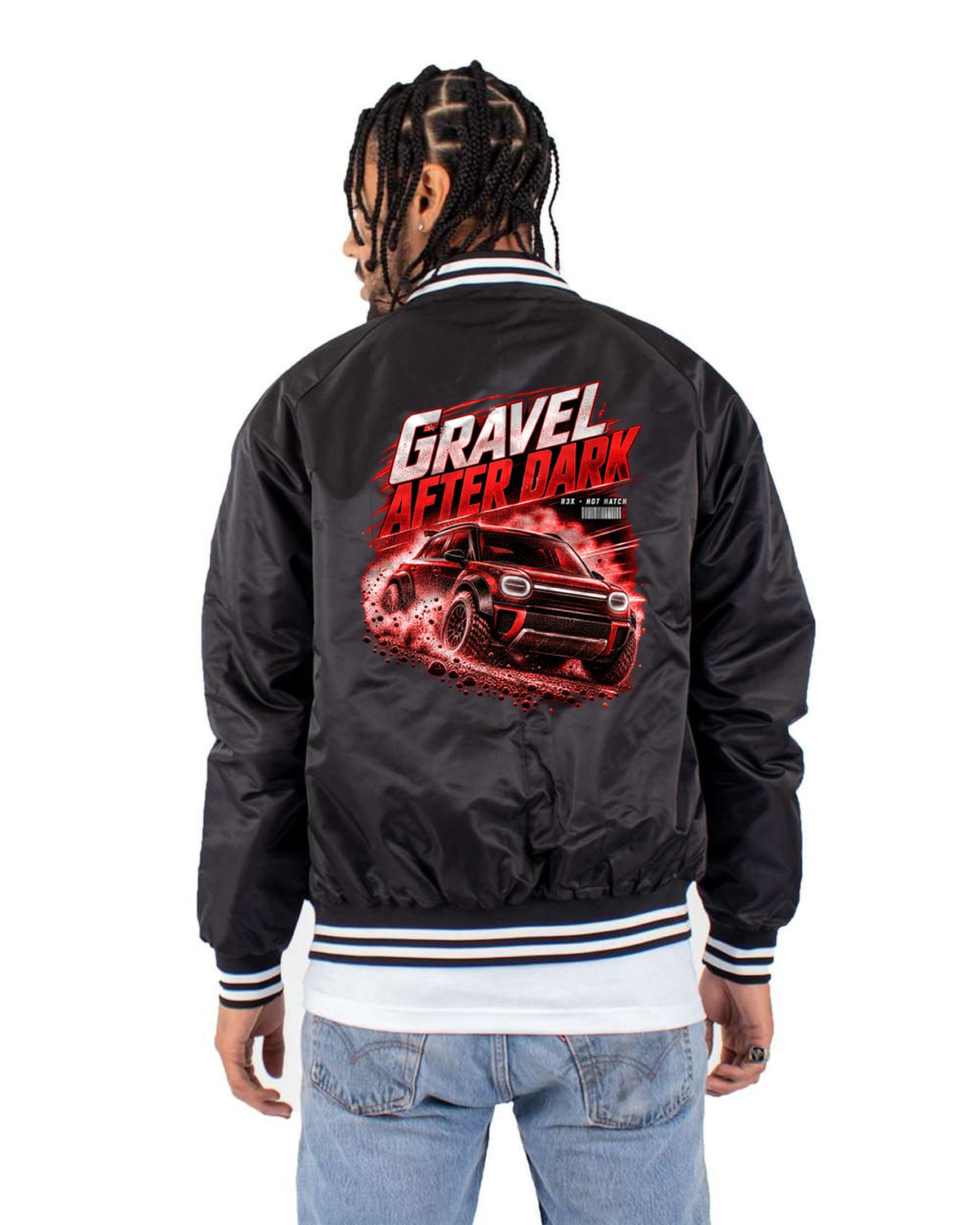 Rivian R3X Hot Hatch Gravel Night Poster Shirt, Rally Flares Bomber Jacket Black back
