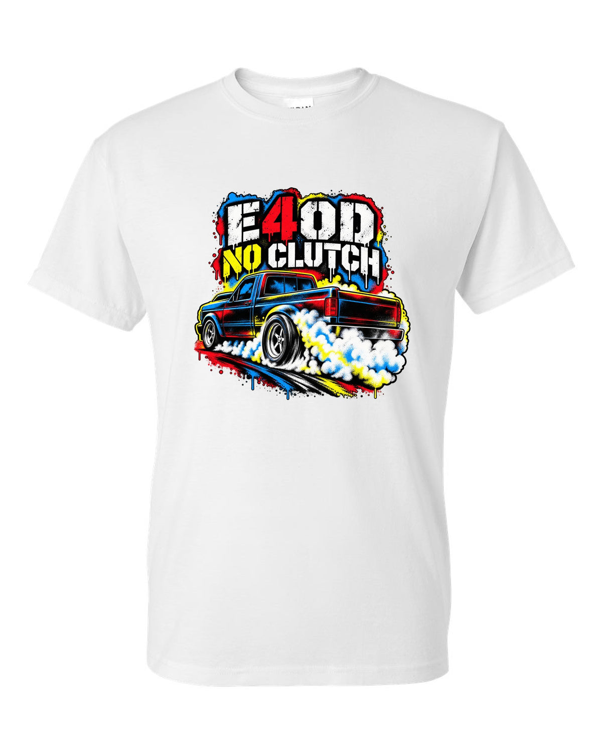Ford F-150 SVT Lightning first gen burnout in a stencil spray print white t-shirt front view with the design