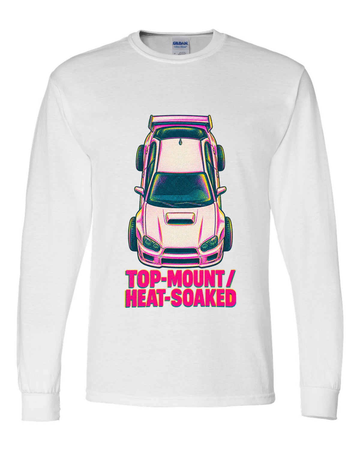 Risograph top view of a Subaru Impreza WRX GDB Blobeye with heat-soaked text white long sleeve front view with the design