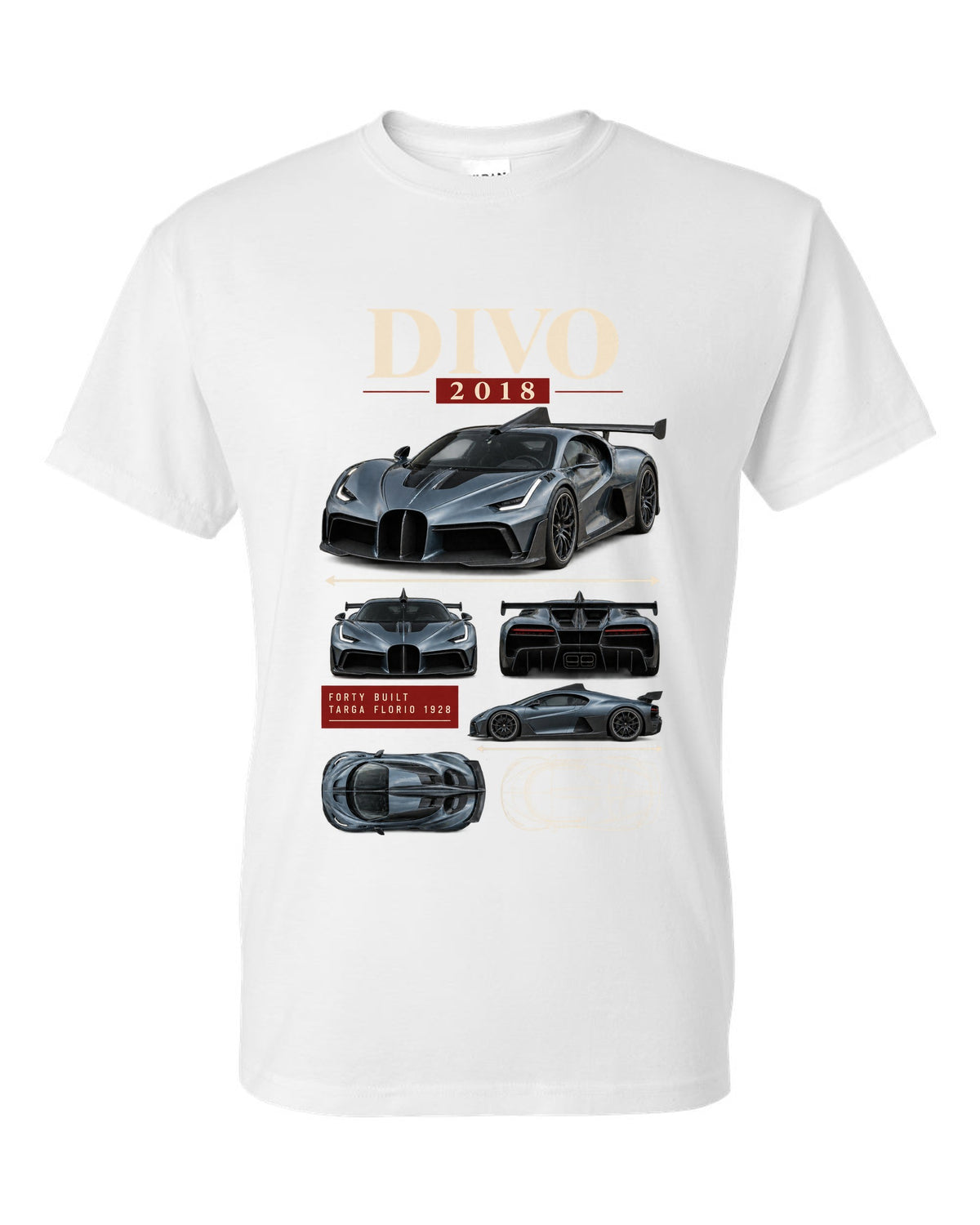 Archive panel design of the Bugatti Divo 2018 with Targa Florio 1928 text, print white t-shirt front view with the design