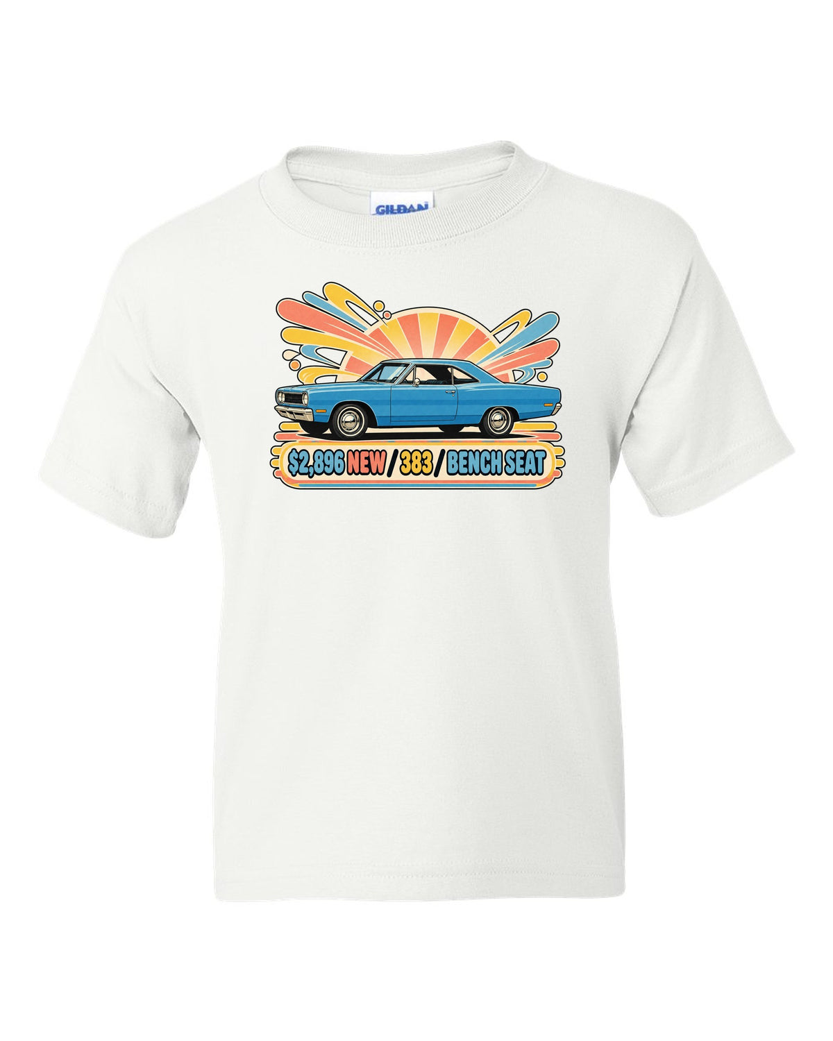 Retro Japanese showa catalogue ad of a 1968 Plymouth Road Runner with price 383 and bench seat text white kids tee front view with the design