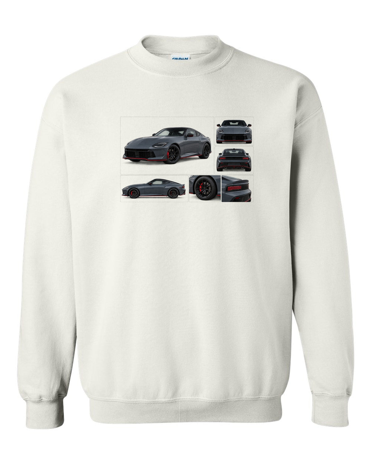 Halftone style print of a 2024 Nissan Z RZ34 Sport with VR30DDTT text white crewneck front view with the design