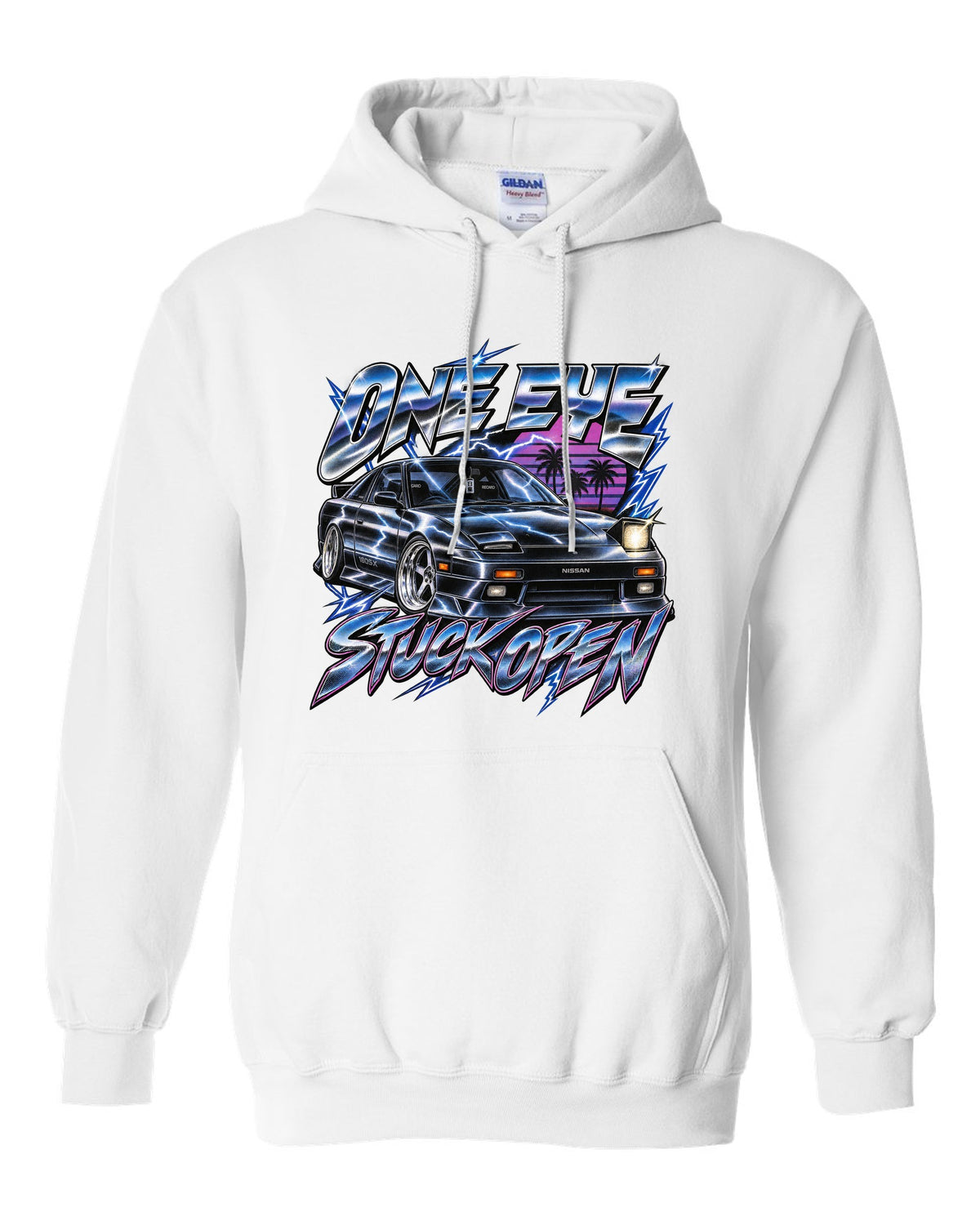 80s airbrush chrome print of a Nissan 180SX S13 ch with one eye stuck open text white pull over hoodie front view with the design