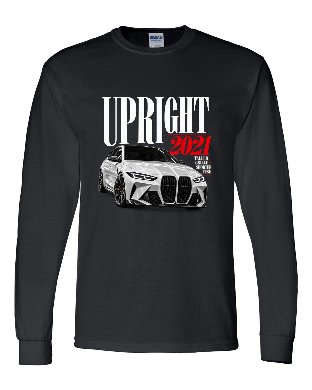 BMW G80 M3 editorial print with upright 2021 headline and grille tagline black long sleeve front view with the design