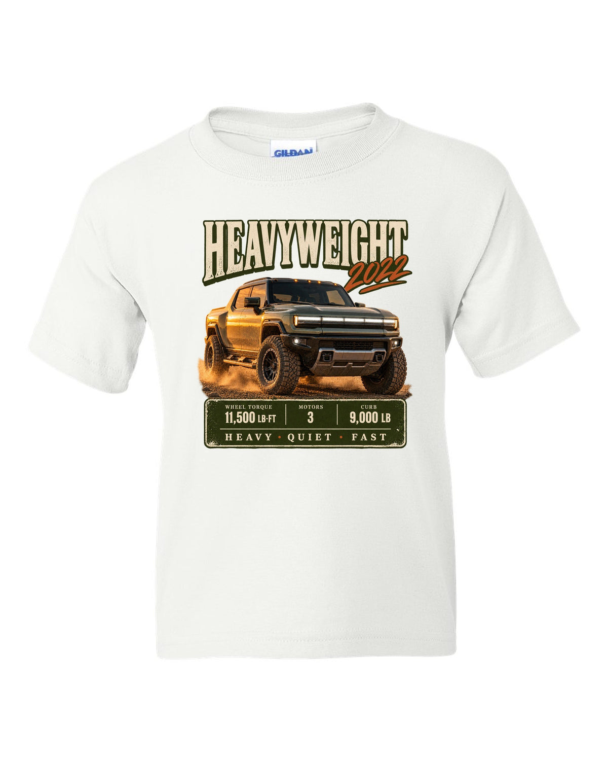 Full colour GMC Hummer EV 2022 three-quarter front archive panel design white kids tee front view with the design