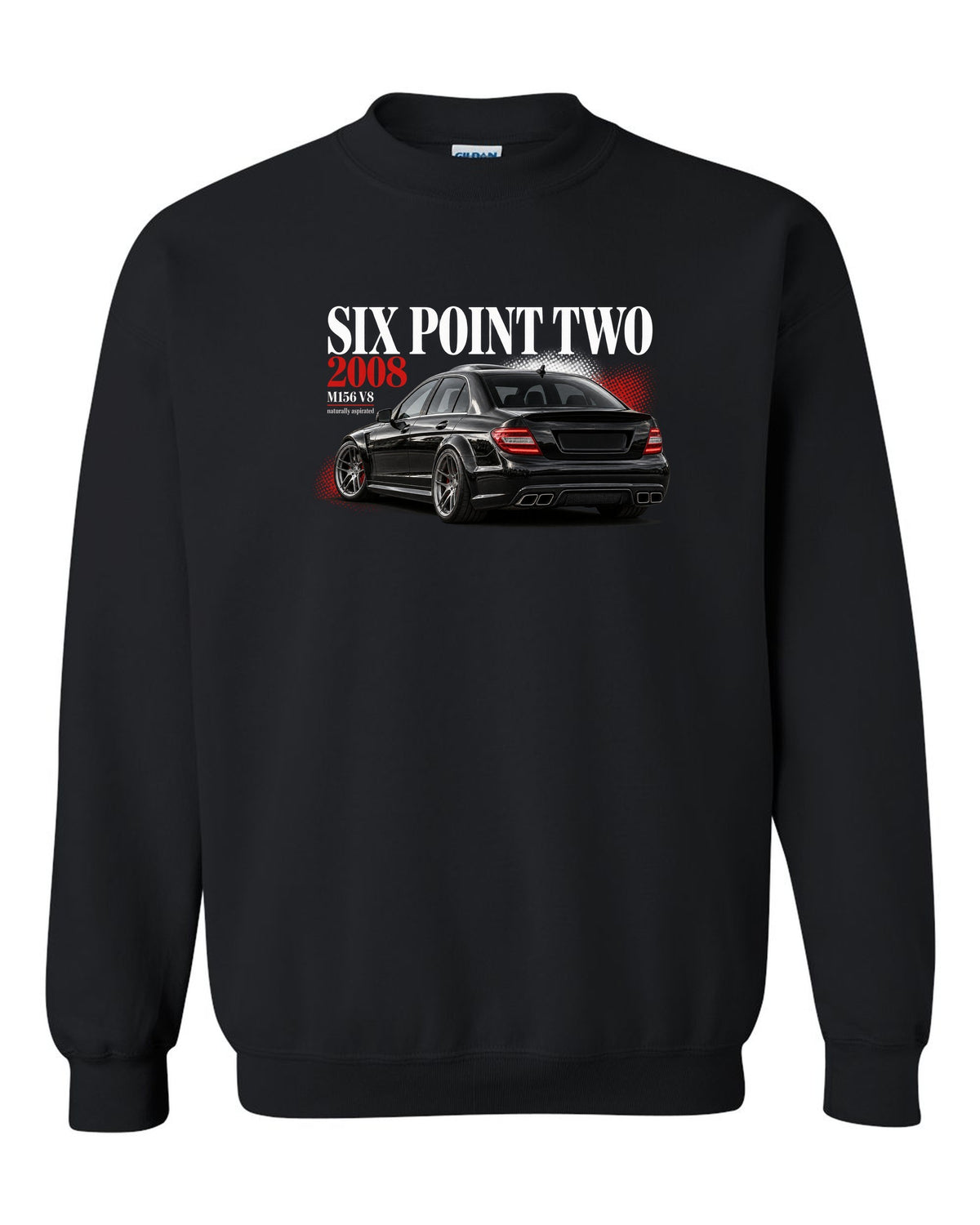 print editorial headline of a 2008 Mercedes C63 AMG W204 sedan with text Six Point Two 2008 black crewneck front view with the design