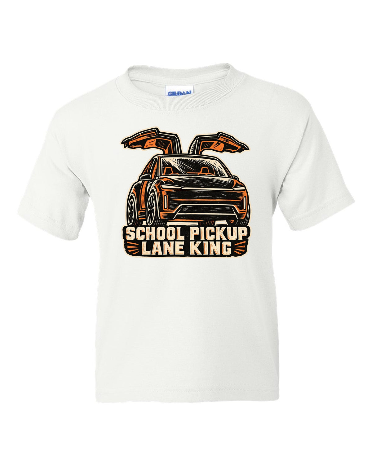 Chunky linocut woodblock print of a Tesla Model X reading School Pickup Lane King white kids tee front view with the design