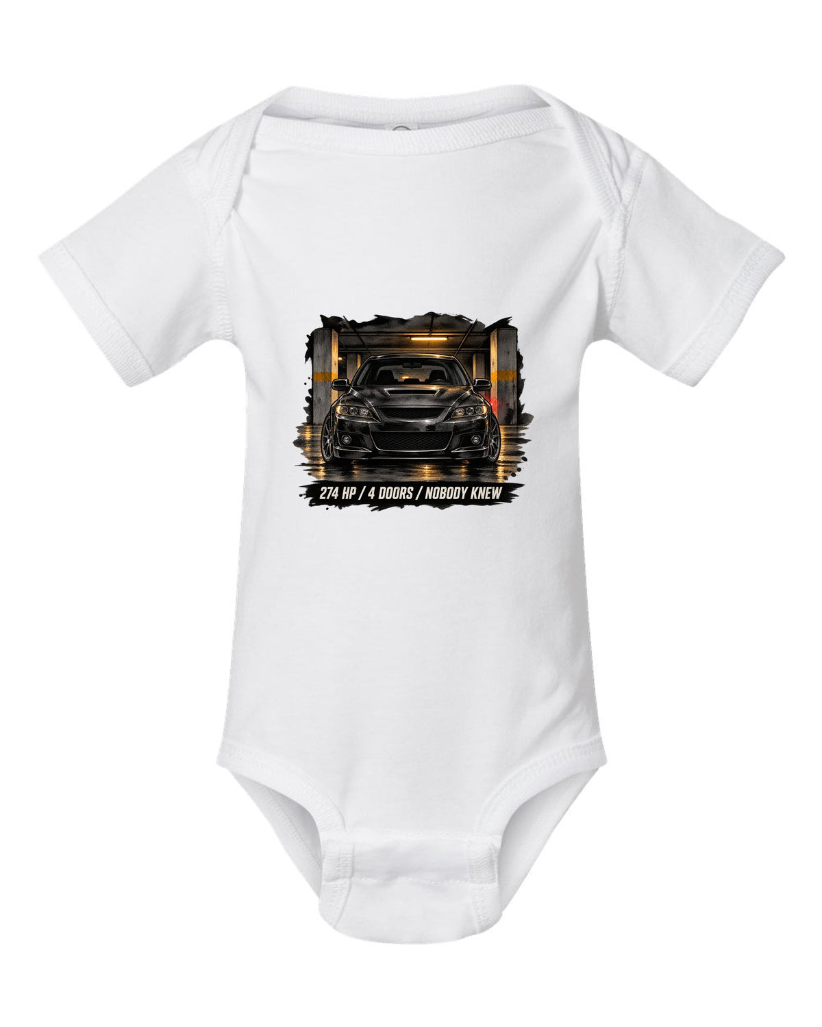 Noir ink wash illustration of a Mazdaspeed6 GG in a garage with 274 HP / 4 DOORS lettering white baby onesie front view with the design