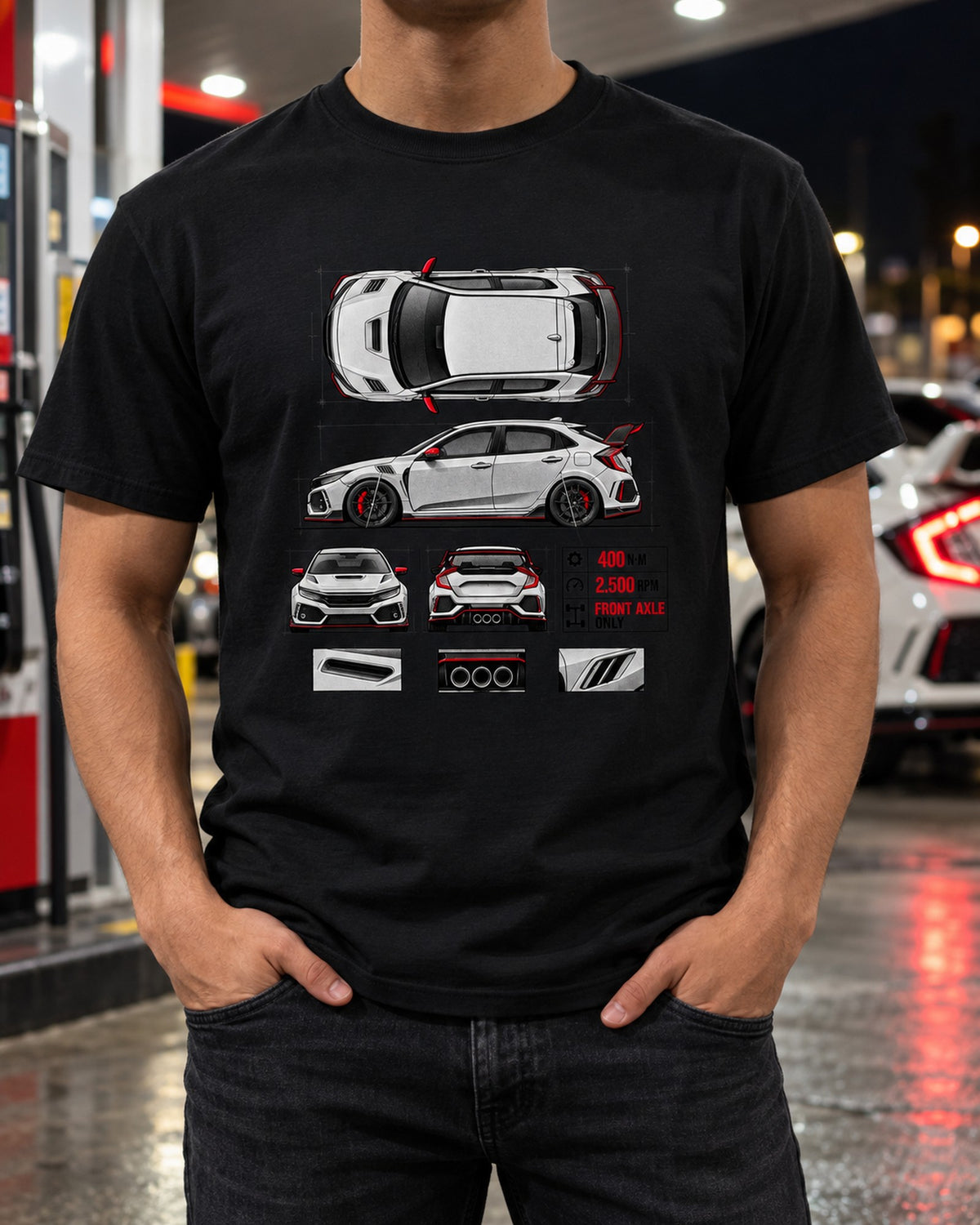Honda Civic FK8 Type R Three Pipes Spec Poster Shirt, 2018 T-Shirt Black worn hero