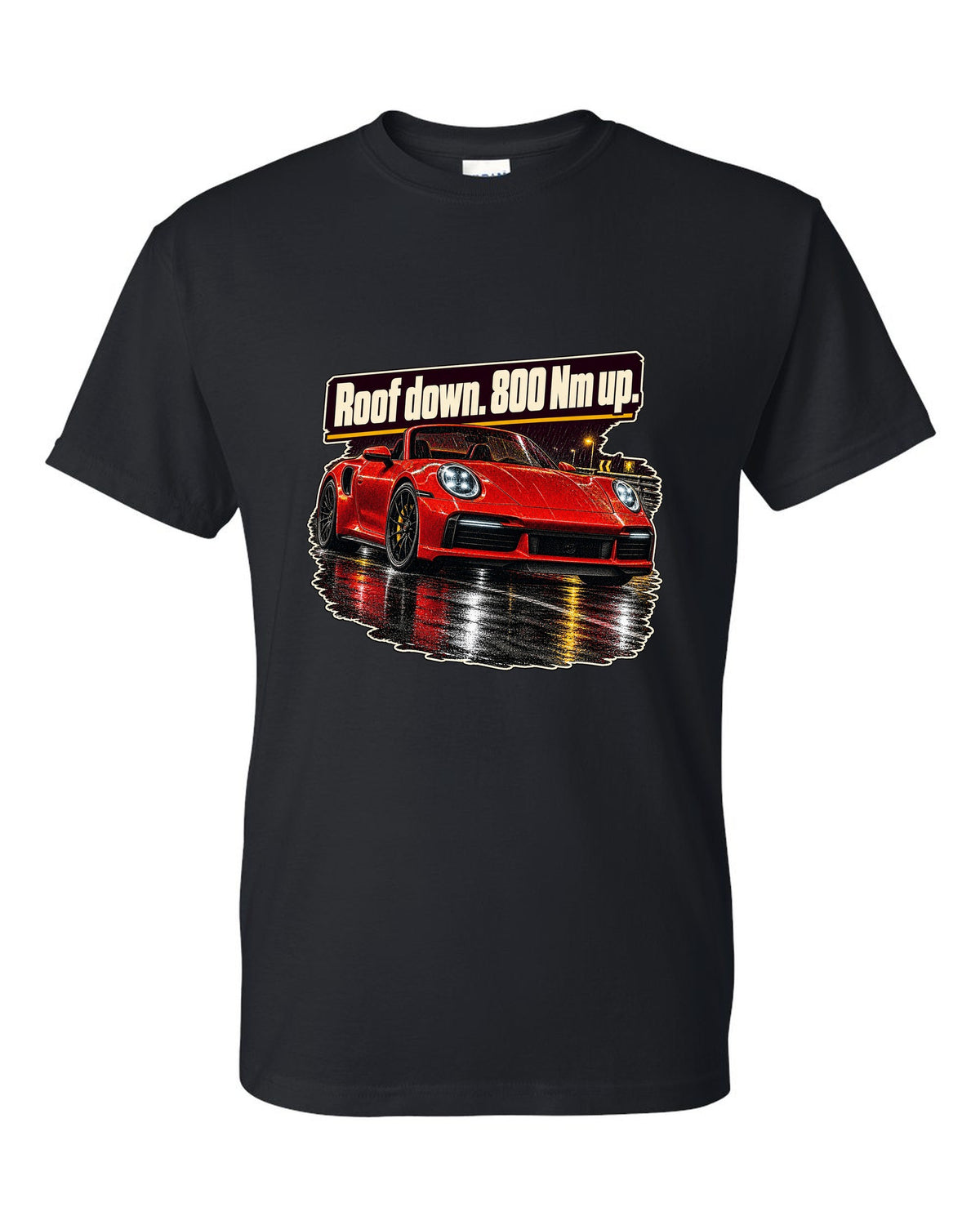 Night street print of a Porsche 992 Turbo S Cabriolet with roof down black t-shirt front view with the design