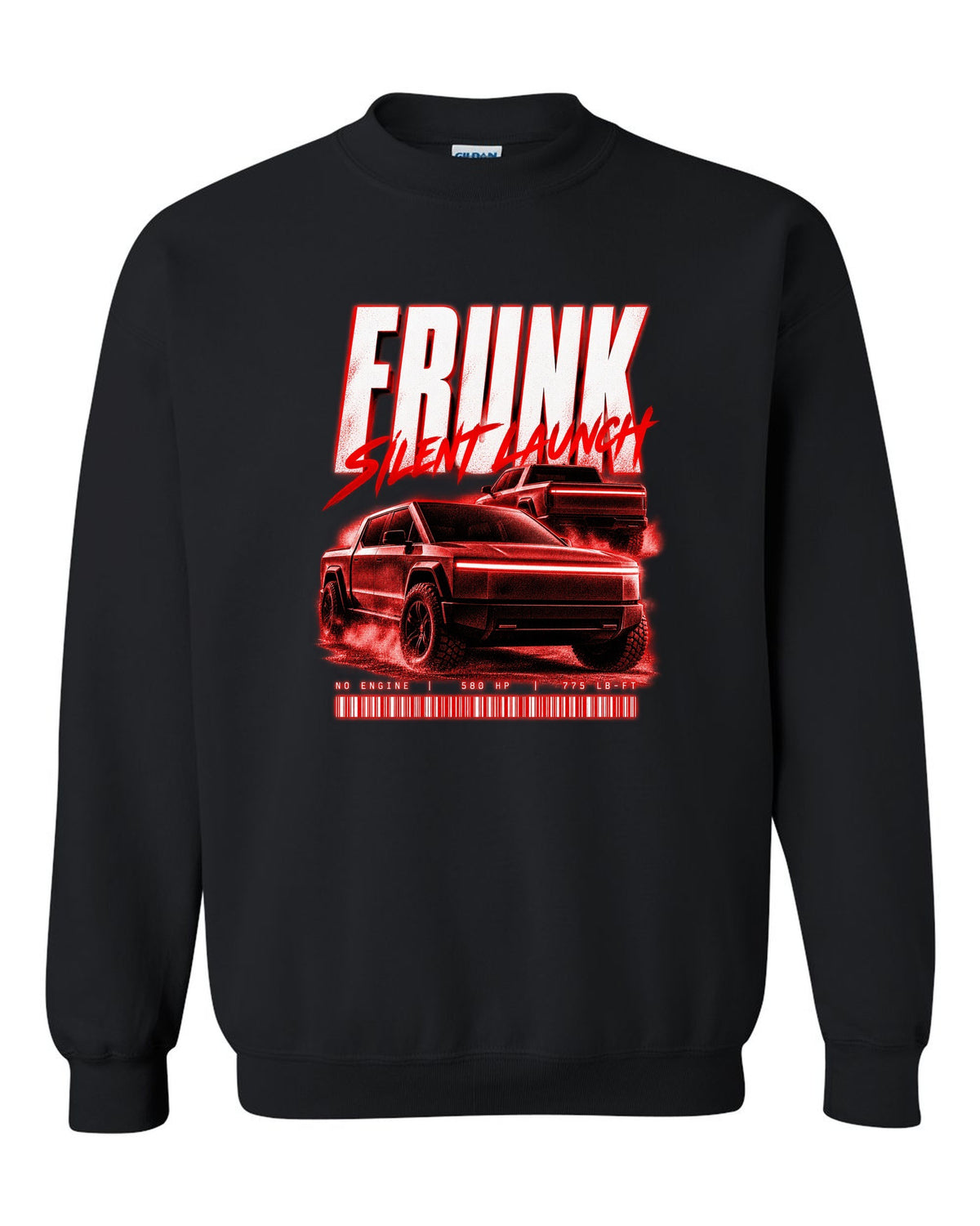 Ford F-150 Lightning EV street poster print with frunk, silent launch and 775 lb-ft black crewneck front view with the design