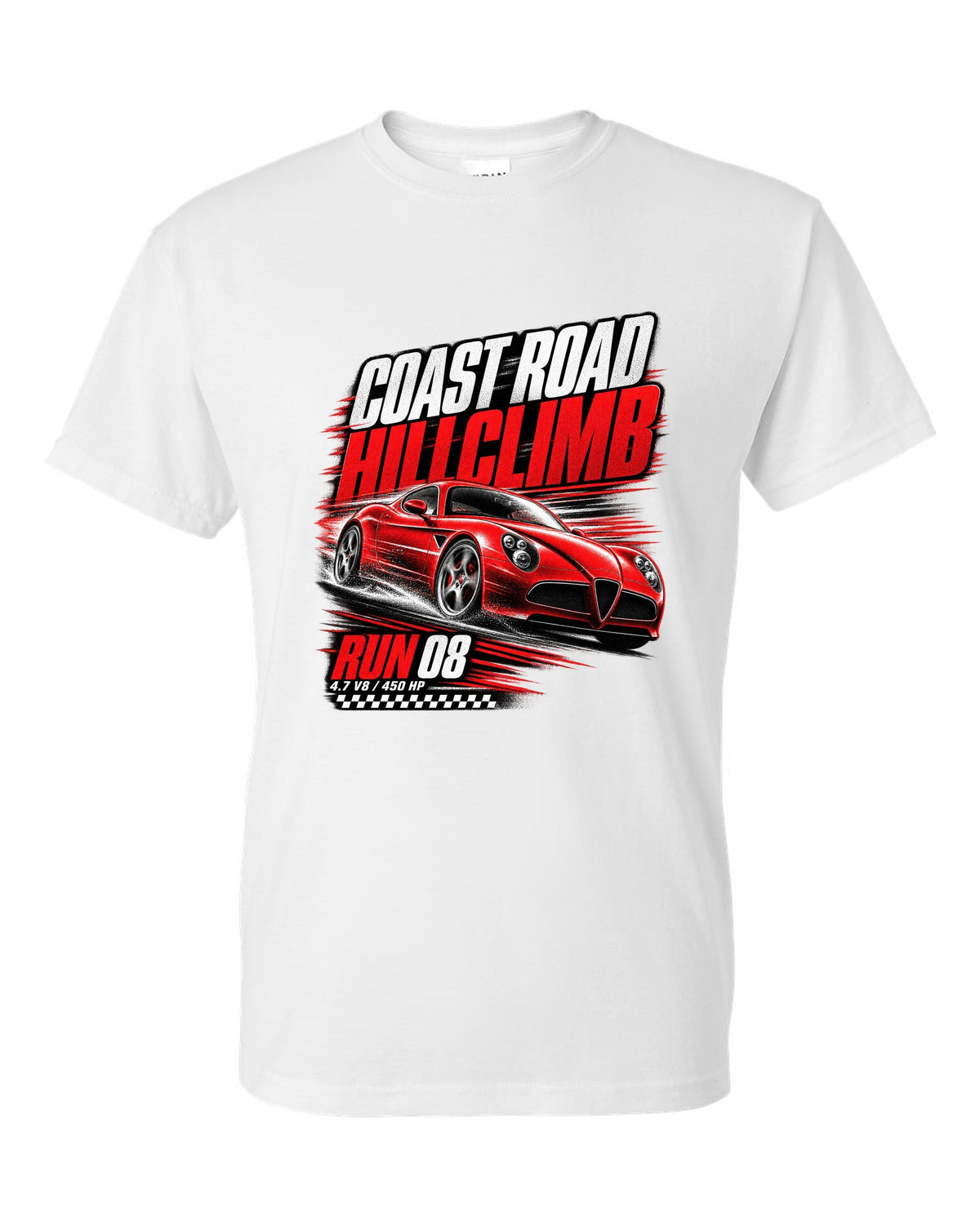 Hillclimb race poster print of an Alfa Romeo 8C Competizione with coast road and 4.7 V8 text white t-shirt front view with the design