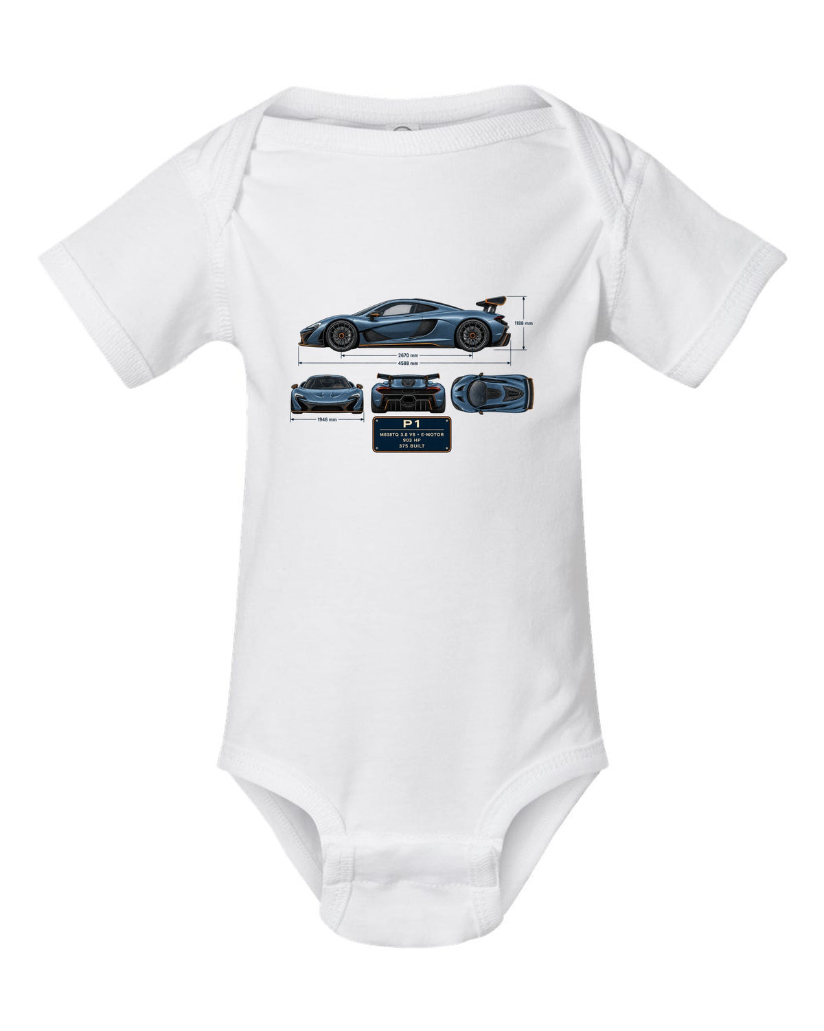 Steel blue dimension blueprint print of a McLaren P1, M838TQ V8 plus e-motor white baby onesie front view with the design