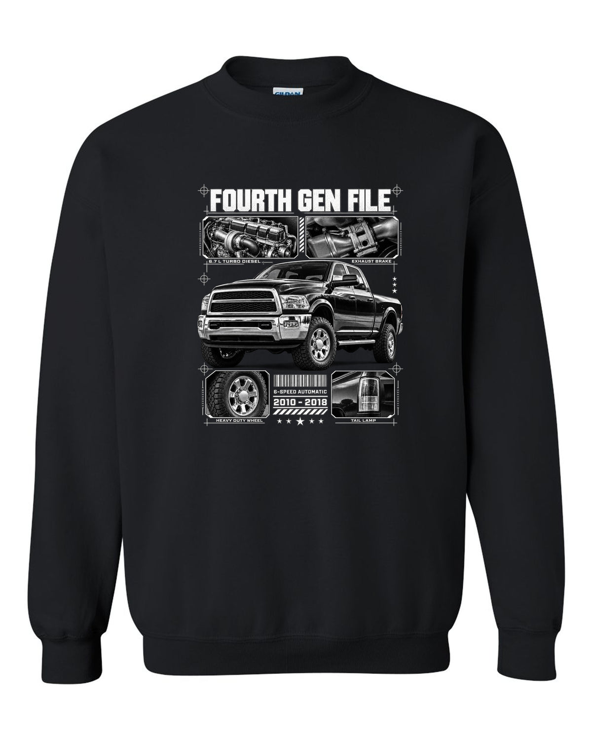 Blueprint dossier print of a 2010-2018 Ram 2500 fourth generation turbo diesel pickup black crewneck front view with the design