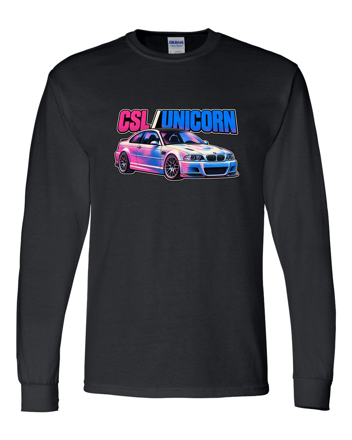 Risograph spot colour print of a BMW E46 M3 CSL with CSL Unicorn text black long sleeve front view with the design