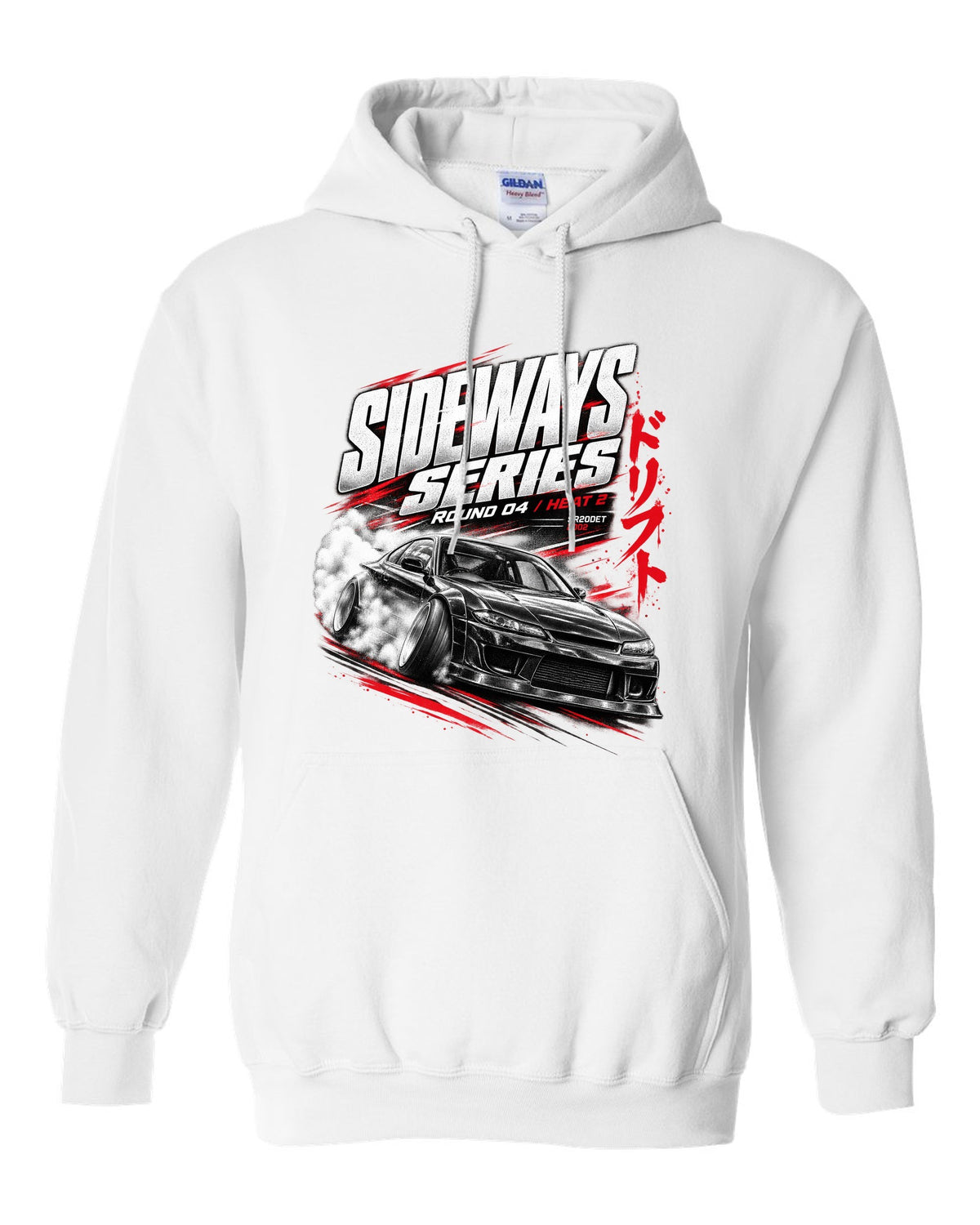 Race poster print of a Nissan Silvia S15 with Sideways Series Round 04 lettering white pull over hoodie front view with the design