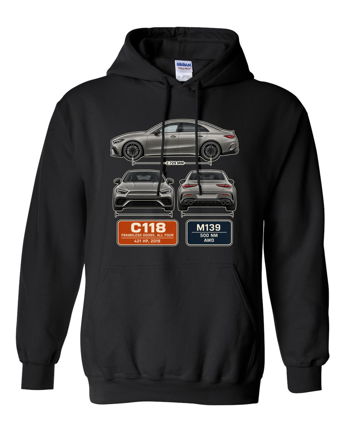 Mercedes-AMG CLA 45 S C118 four-door coupe three-view spec print black pull over hoodie front view with the design
