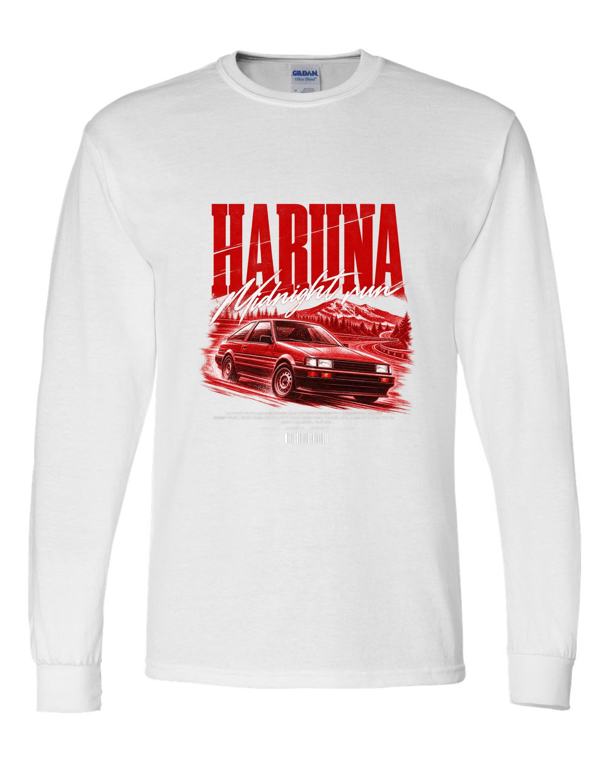 Street poster print of a Toyota Corolla Levin AE86 with the text Haruna Midnight Run white long sleeve front view with the design