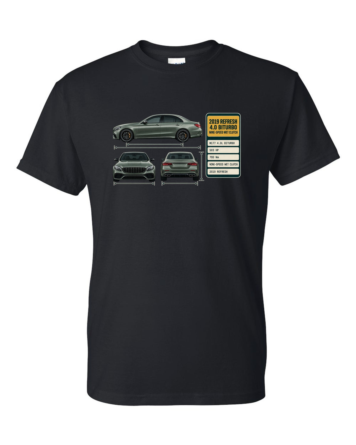 Spec poster print of a Mercedes-AMG C63 S W205 facelift sedan black t-shirt front view with the design