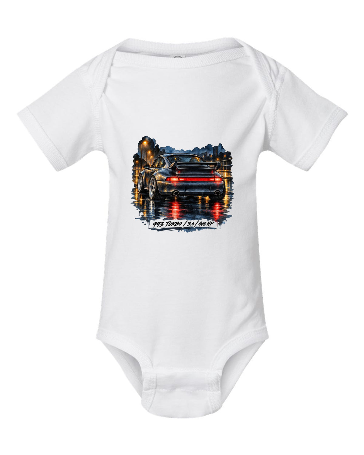 Spec sheet data plate design for the 1978 Porsche 911 Turbo 3.3 930 white baby onesie front view with the design