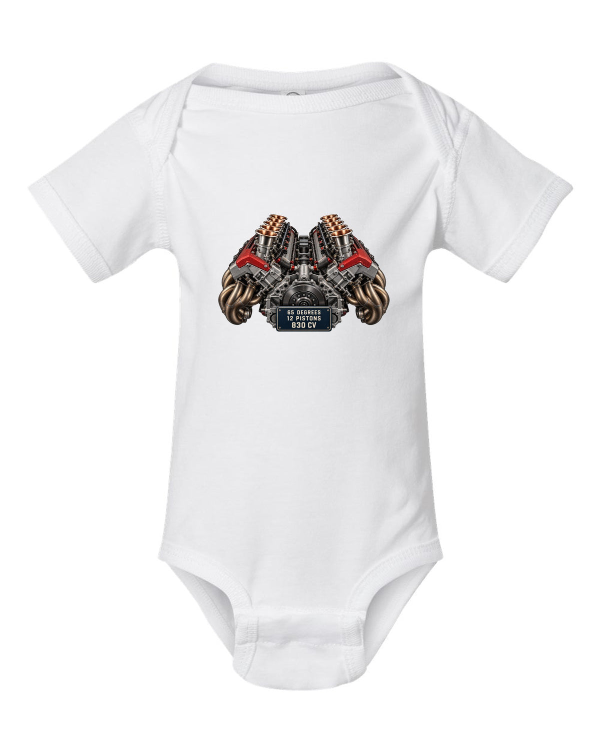 Engine bay print of the Ferrari 12Cilindri F140HD V12 white baby onesie front view with the design