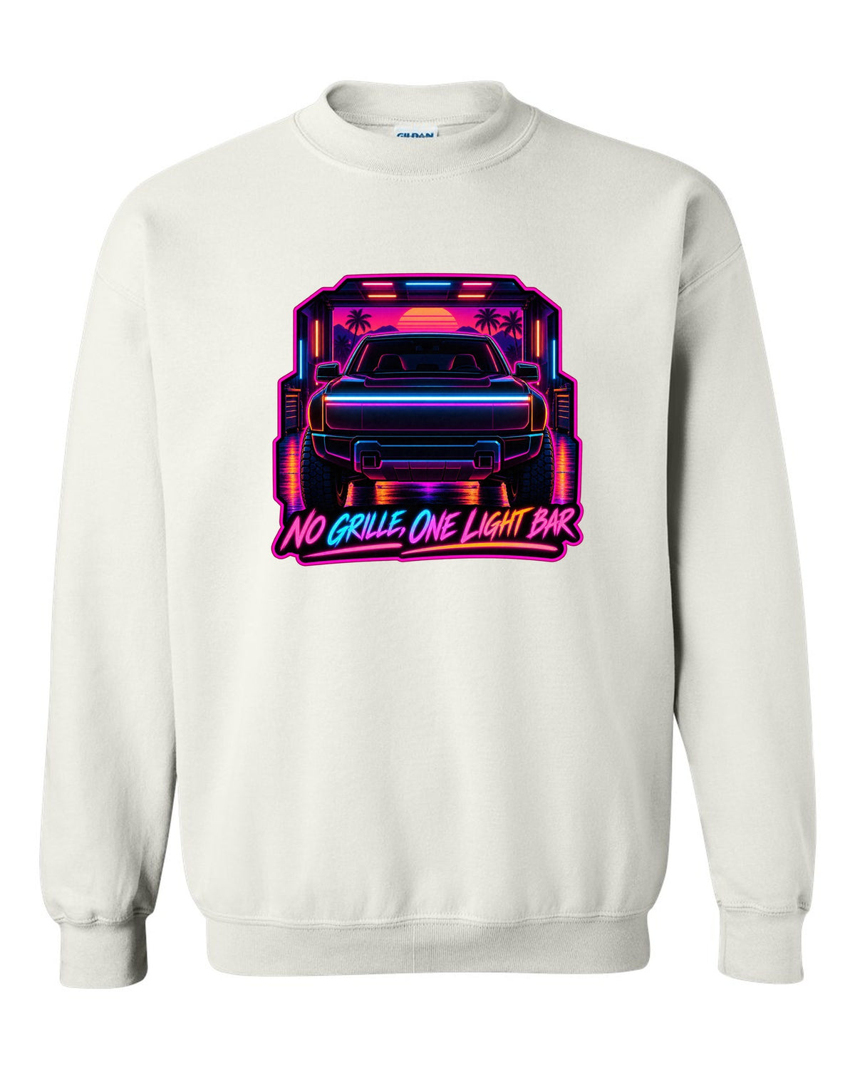 Ford F-150 Lightning neon synthwave glow print with no grille and one light bar text white crewneck front view with the design