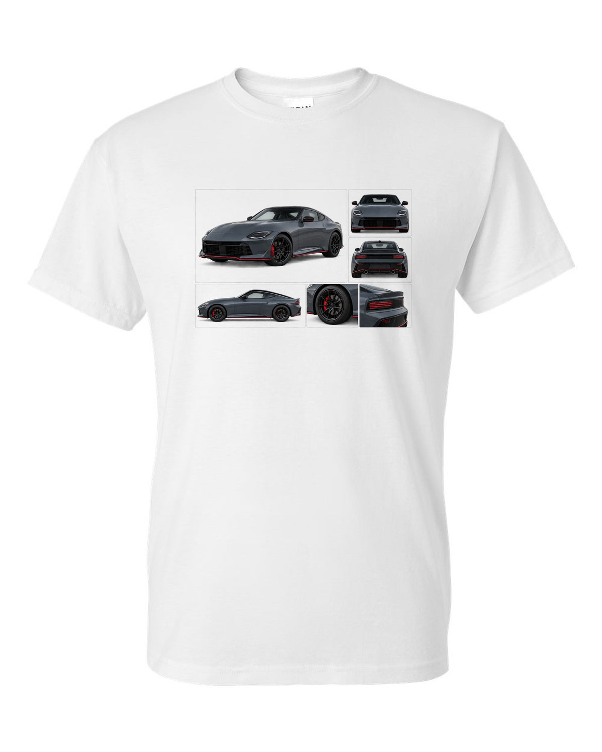 Halftone style print of a 2024 Nissan Z RZ34 Sport with VR30DDTT text white t-shirt front view with the design