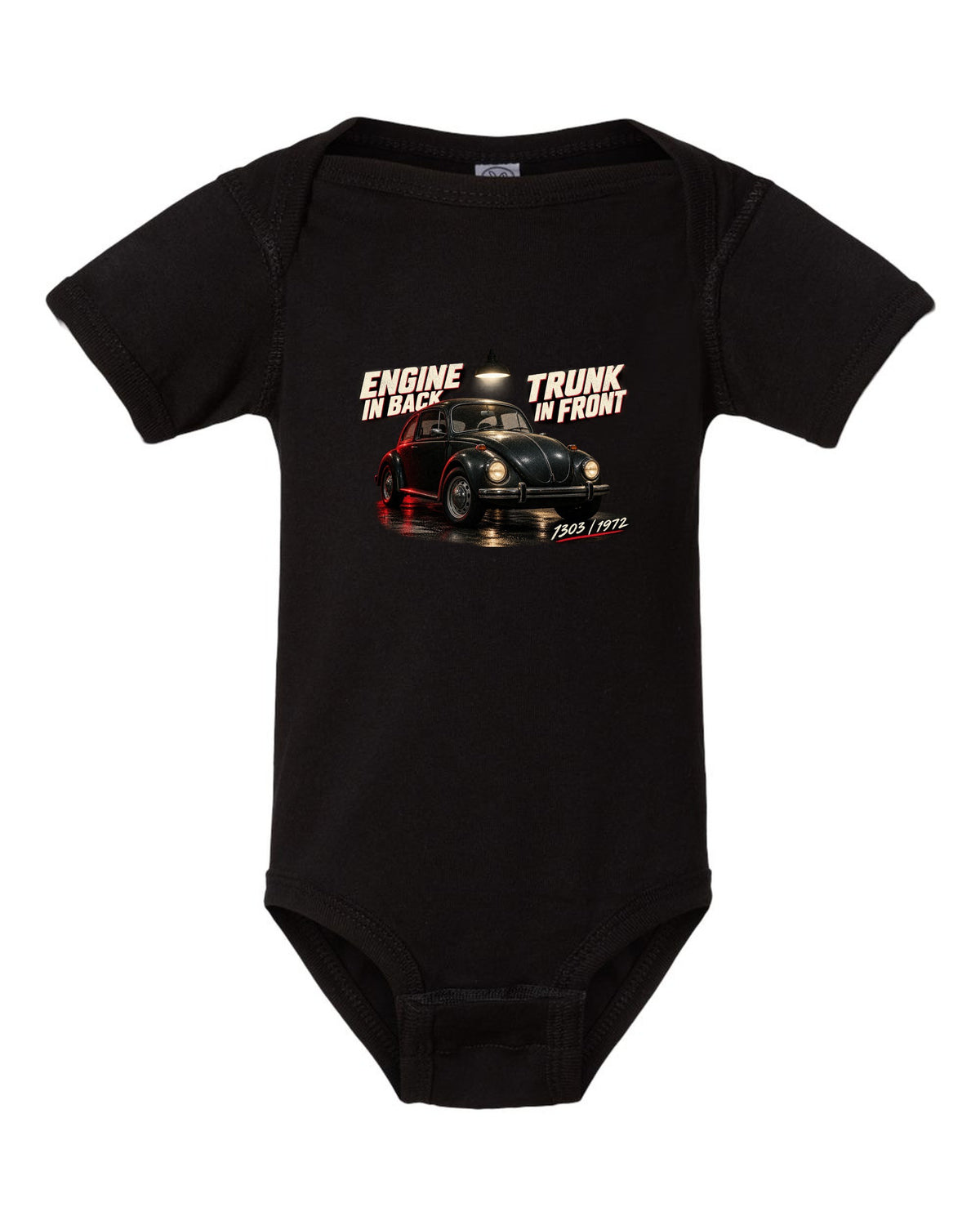 Garage night print of a VW Beetle 1303 front three-quarter with engine in back trunk in front text black baby onesie front view with the design