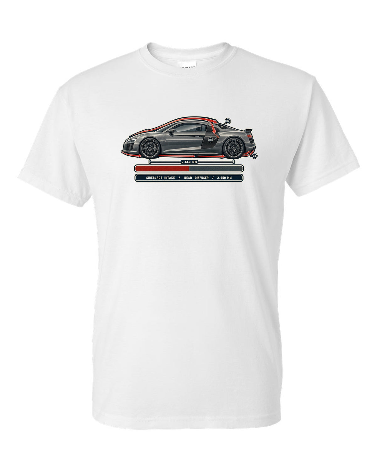 Audi R8 V10 plus Type 4S airflow cutaway with sideblade and diffuser callouts white t-shirt front view with the design