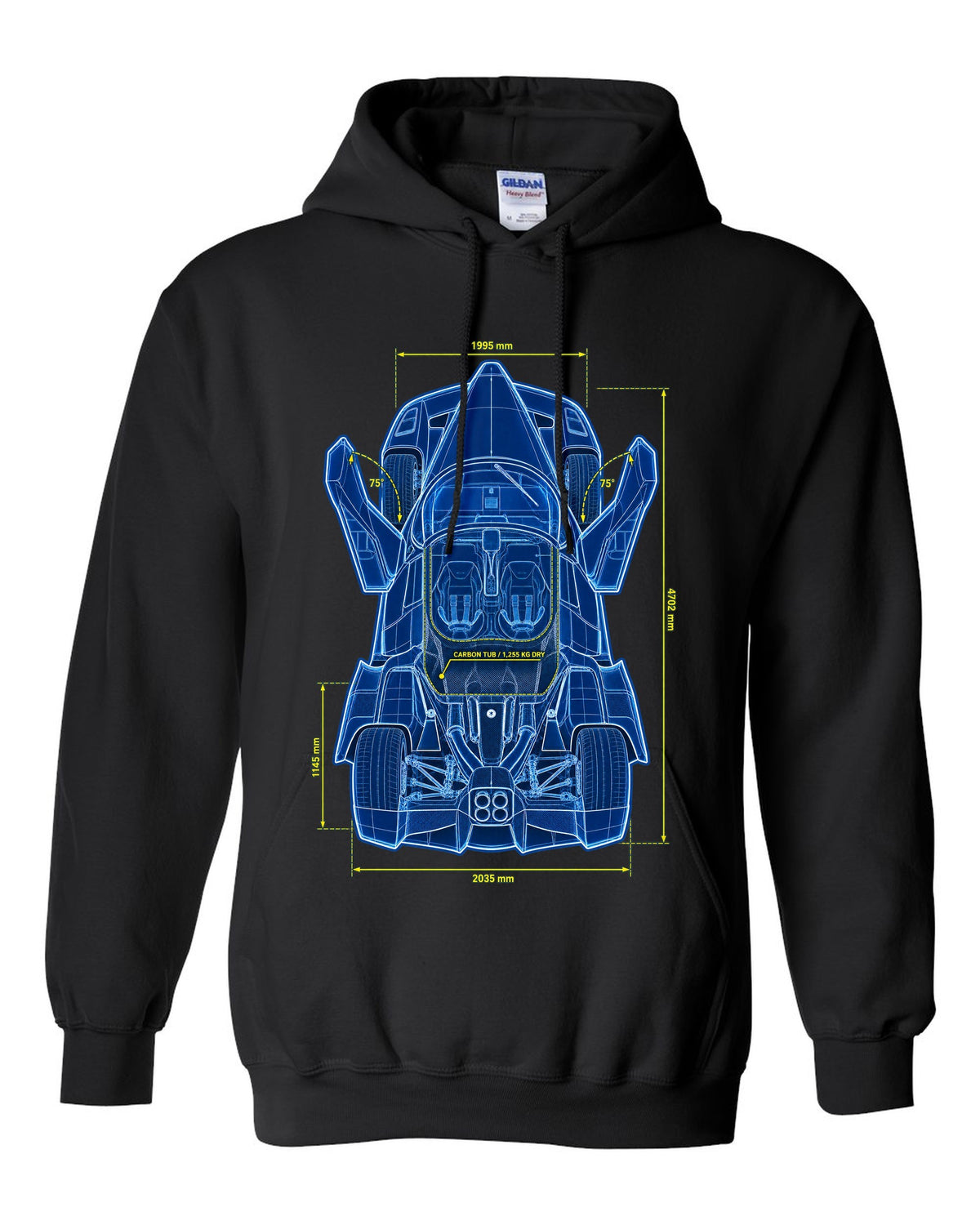 Technical top-plan blueprint print of a 2002 Ferrari Enzo F140 with carbon tub and 1,255 KG dry text black pull over hoodie front view with the design