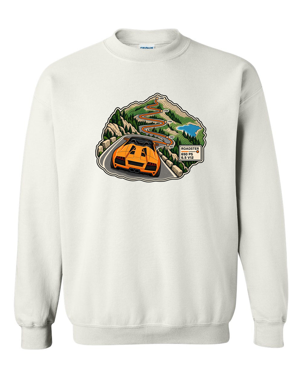 Topographic route map of a 2010 Lamborghini Murcielago LP650-4 Roadster with 650 PS and 6.5 V12 white crewneck front view with the design