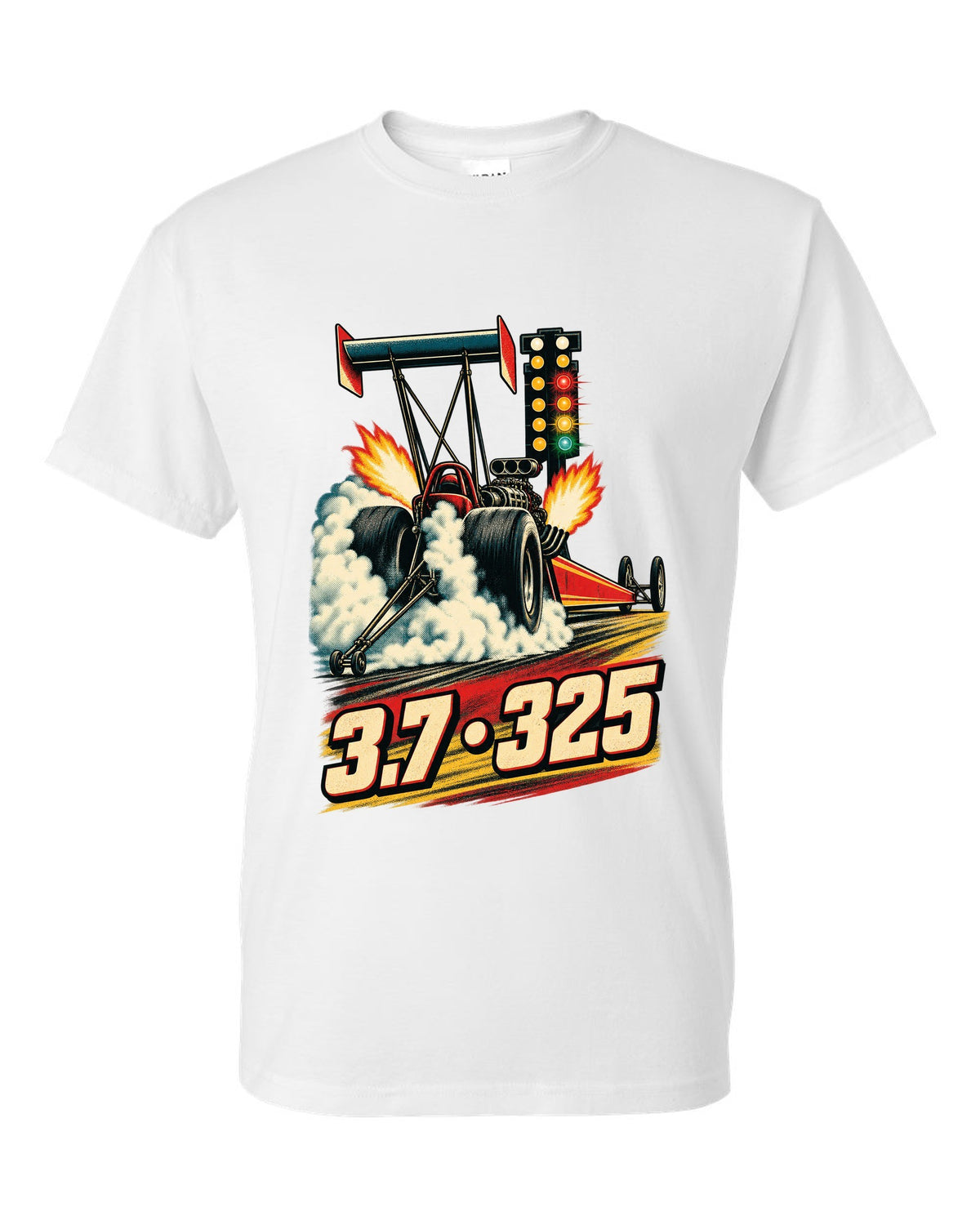 Retro poster style Top Fuel dragster doing a burnout with halftone smoke and 3.7 325 lettering white t-shirt front view with the design