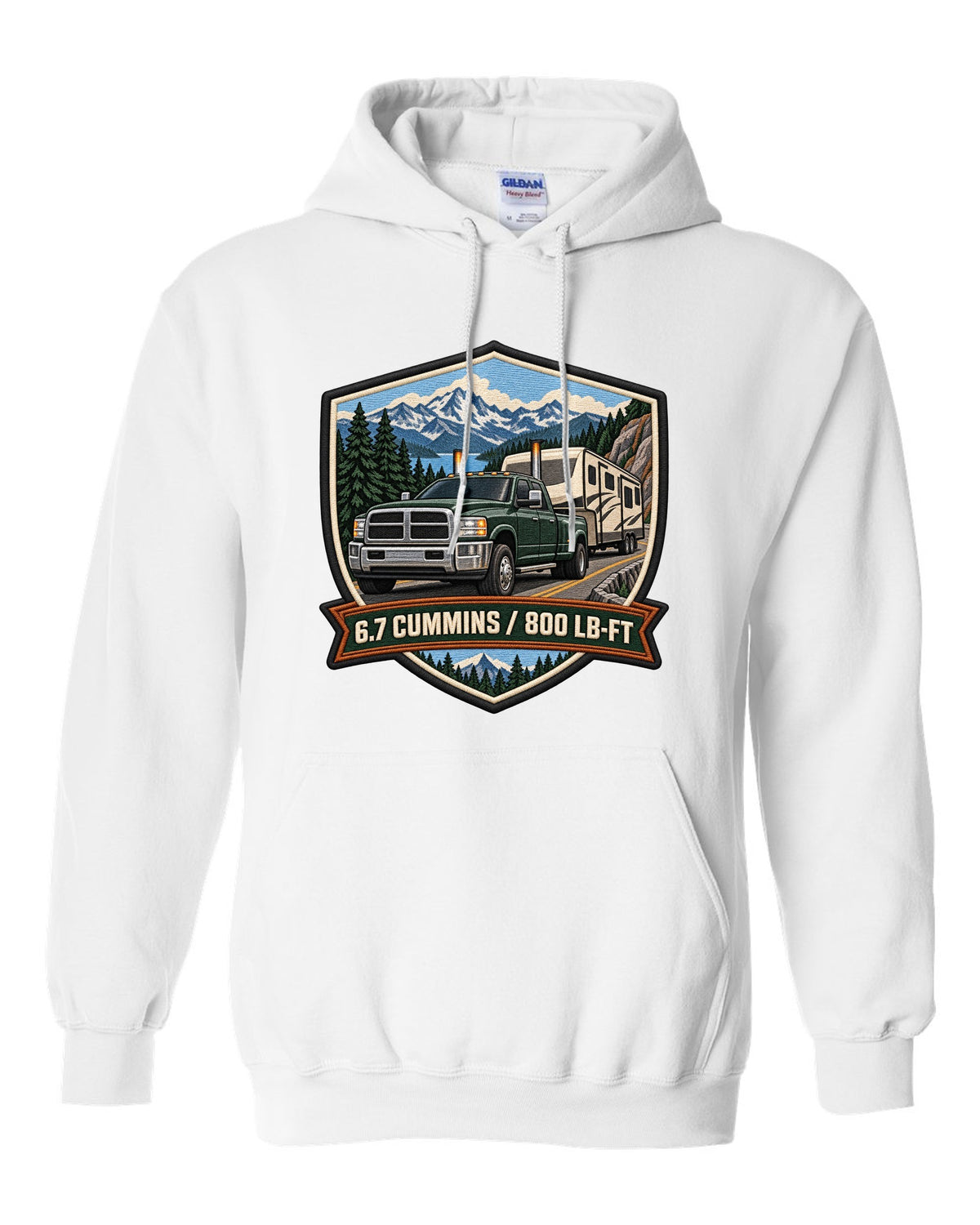 Varsity crest of a 2010-2018 Ram 2500 4th gen towing a camper with 6.7 Cummins 800 LB-FT lettering white pull over hoodie front view with the design