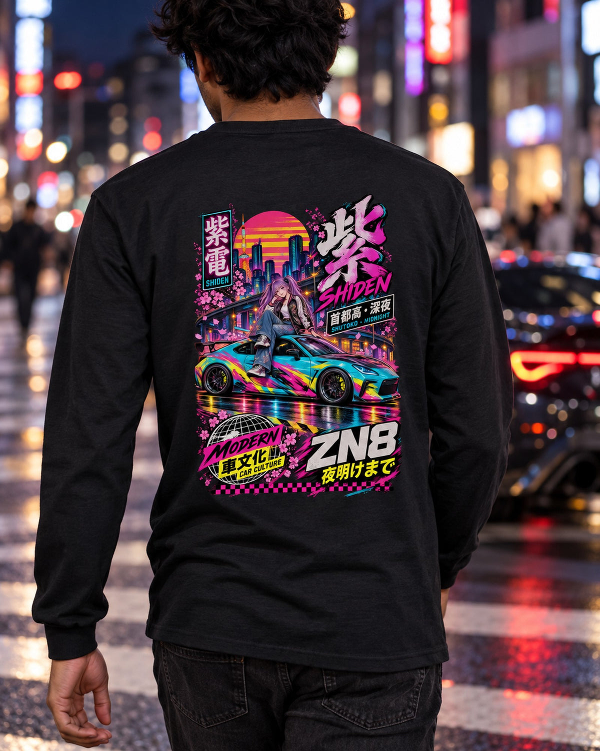 SHIDEN ZN8 Anime Girl Full-Back Graphic Tee Long Sleeve Black worn hero